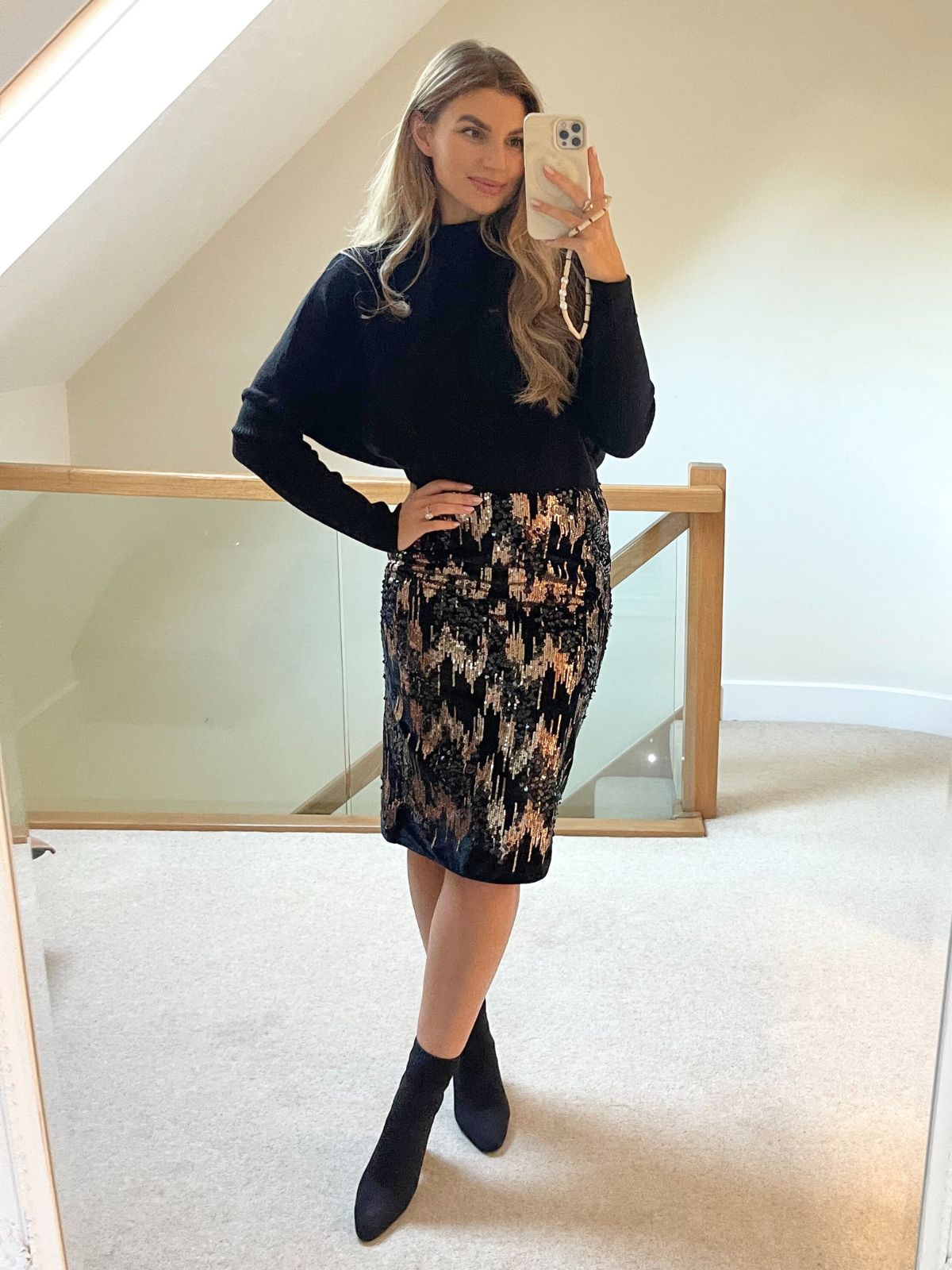 Velvet Sequin Midi Skirt | Phoebe Skirt in Black & Gold
