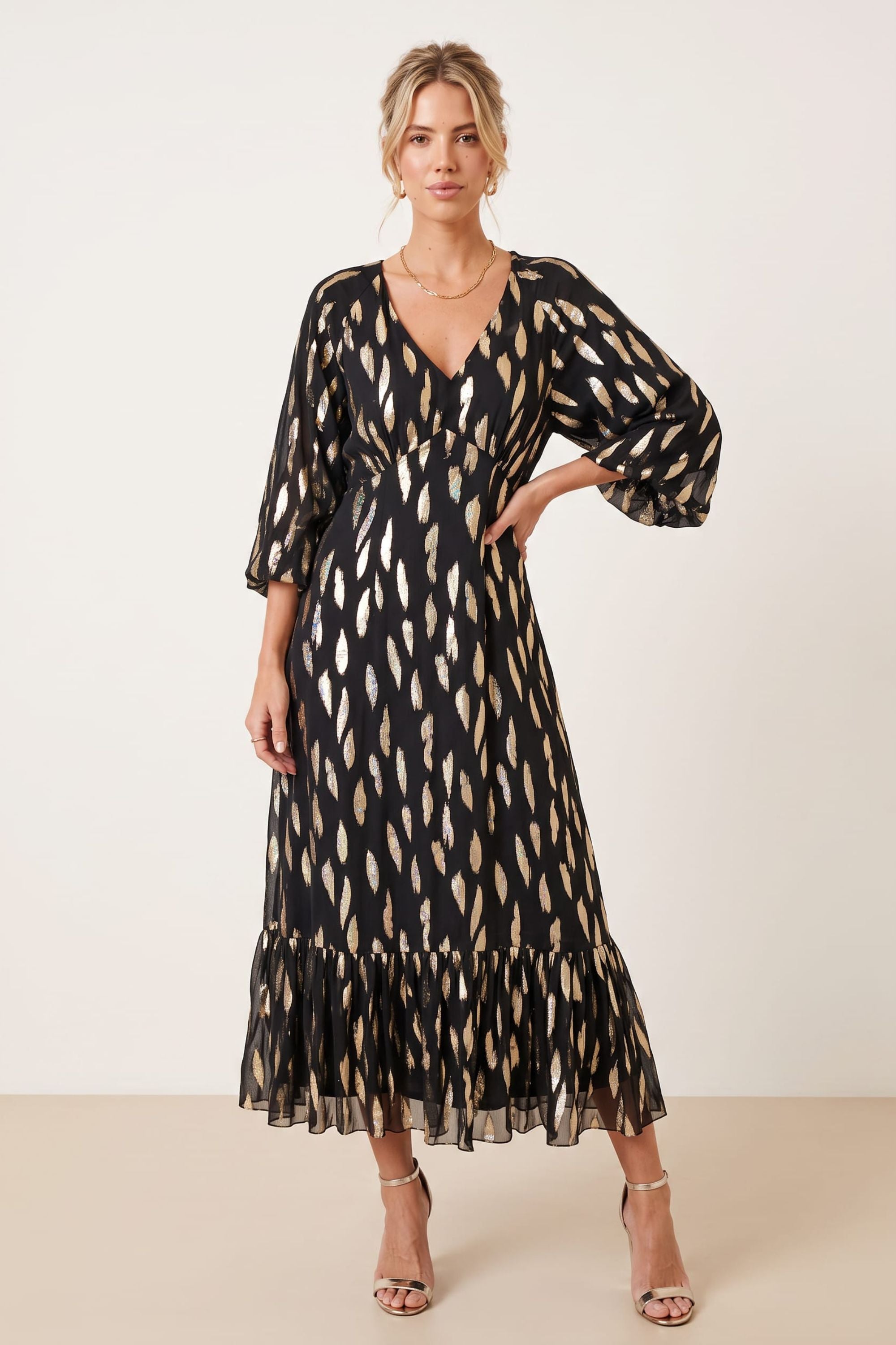 Gold Foil Midi Dress Black