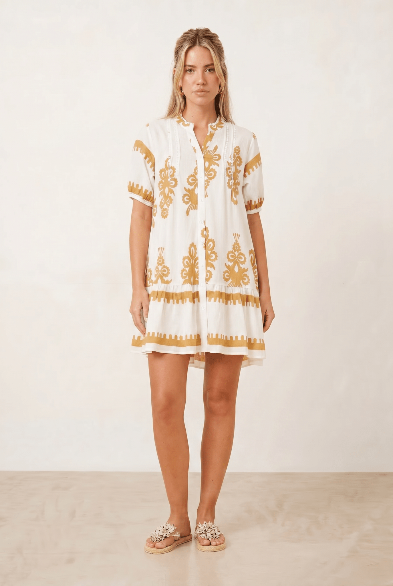 Beige and White Placement Print Mini Dress - Style Cheat