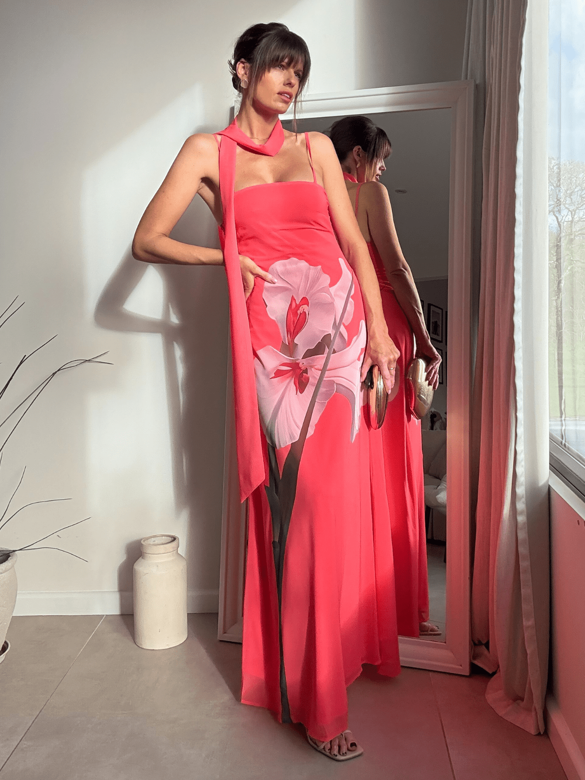 Peony Soft Satin Maxi with Scarf in Pink