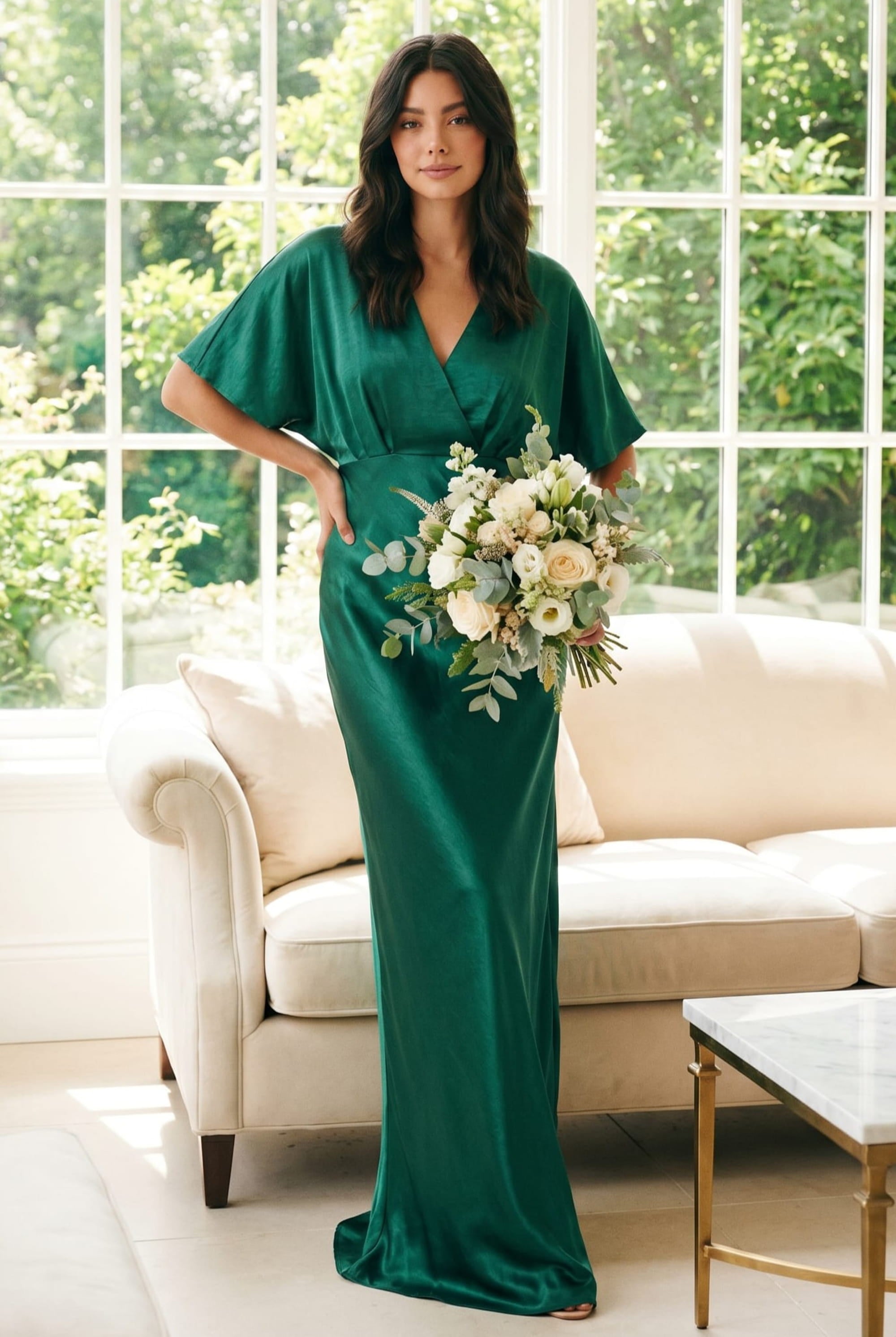 Angel Sleeve Maxi Satin Dress / Emerald Green – Style Cheat