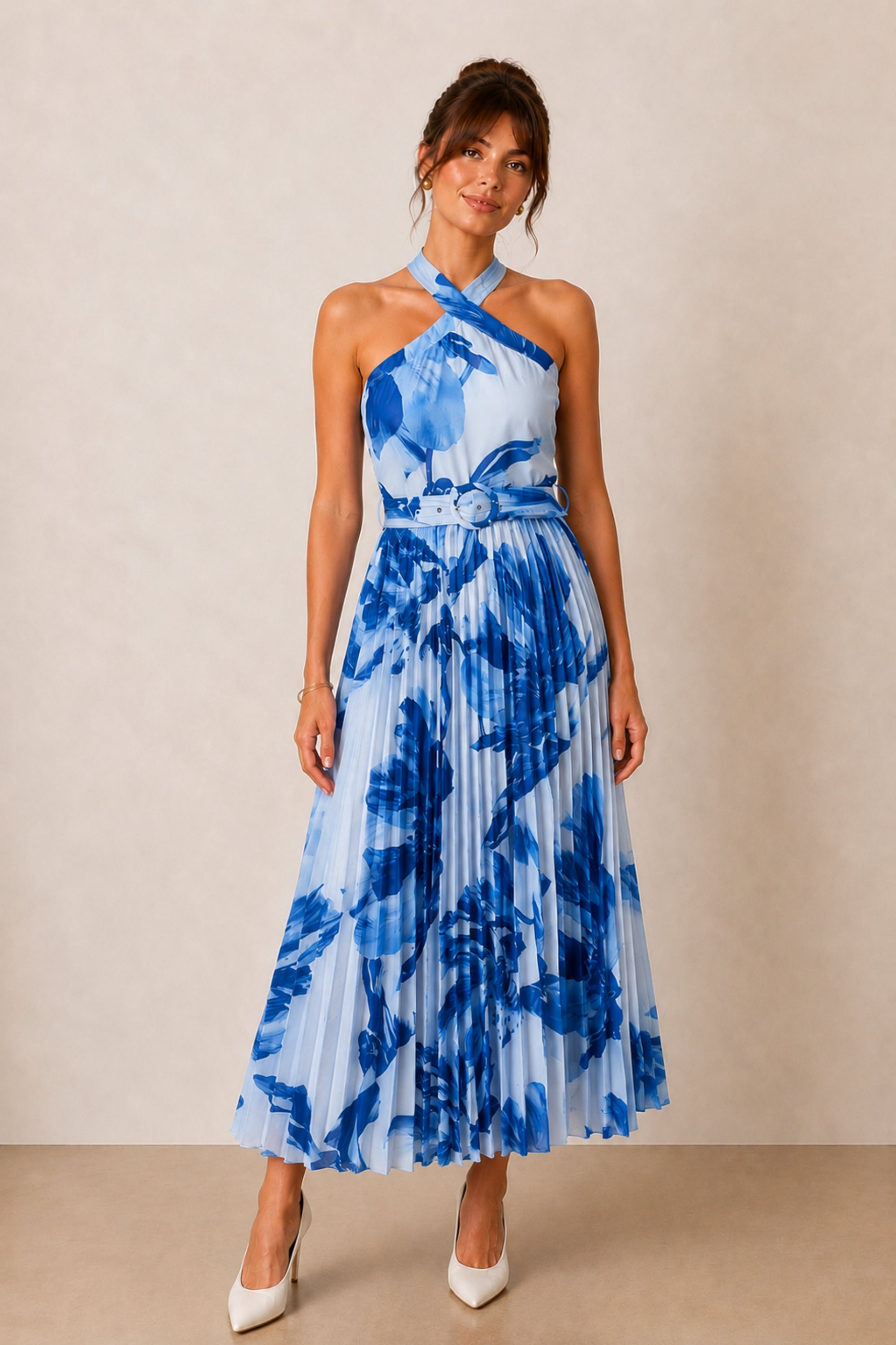Paige Halter Pleated Belted Dress / Blue Floral
