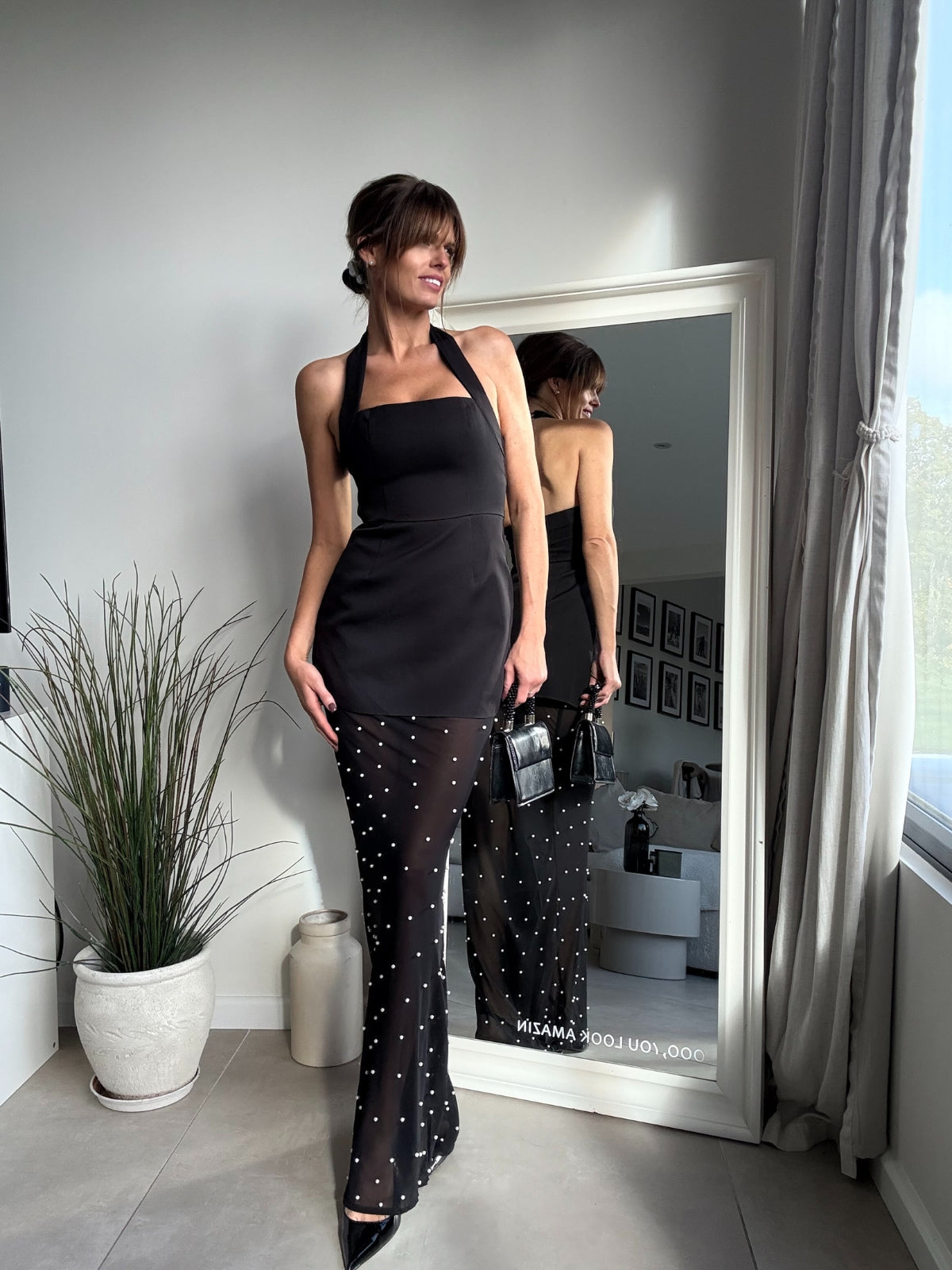 Halter Slip Pearl Dress in Black