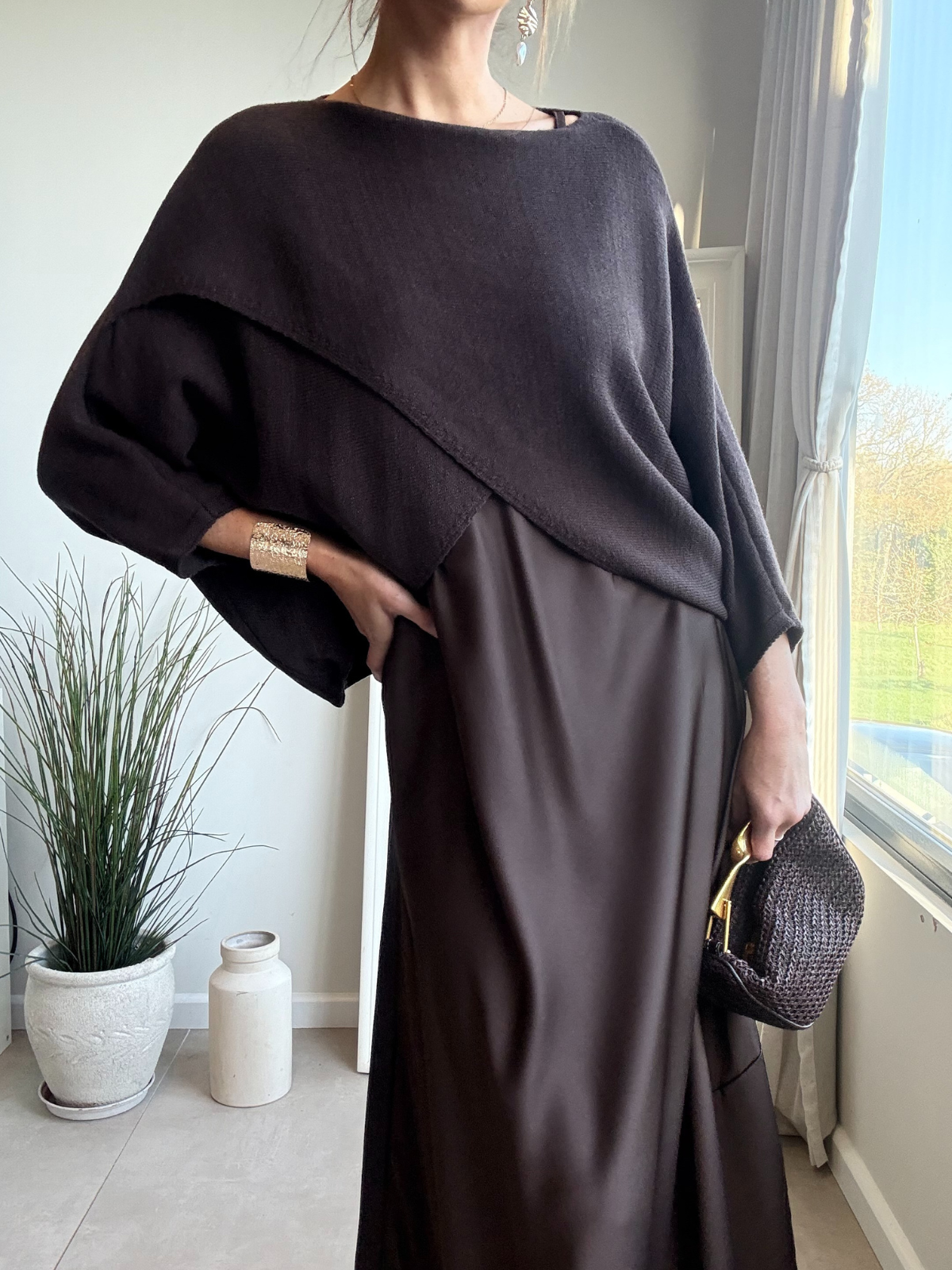 2 in 1 Knitted Cross Front Satin Maxi Dress in Chocolate Brown