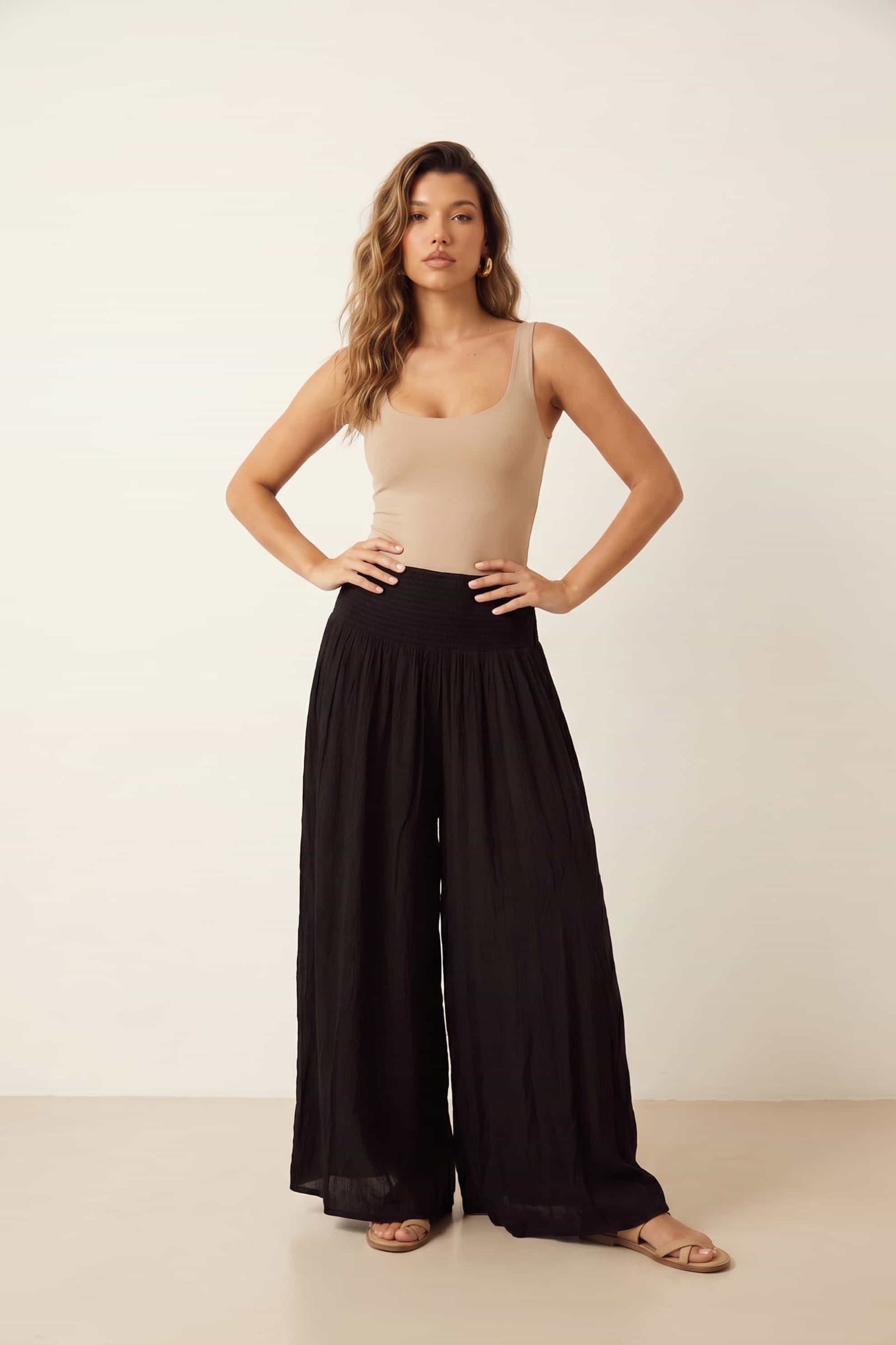 Black Shirred Plain Trouser