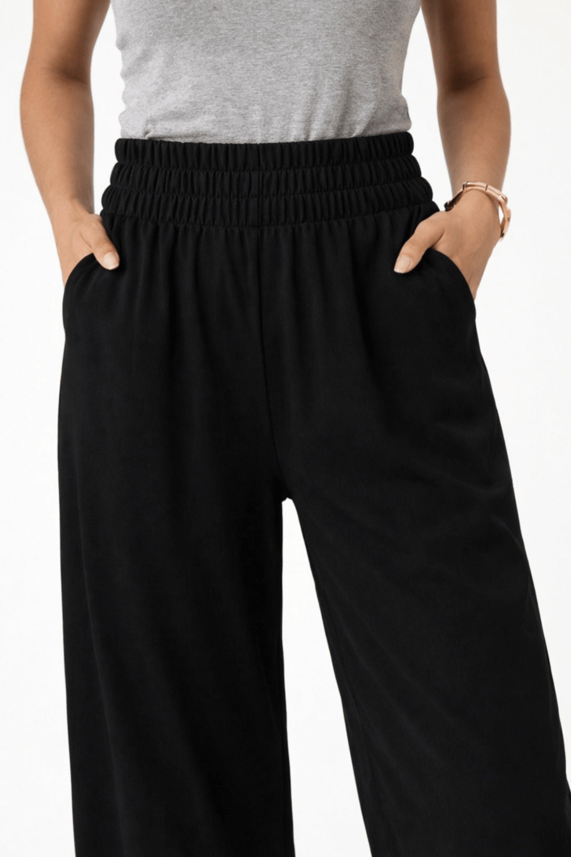 Black Shirred Plain Trouser - Style Cheat