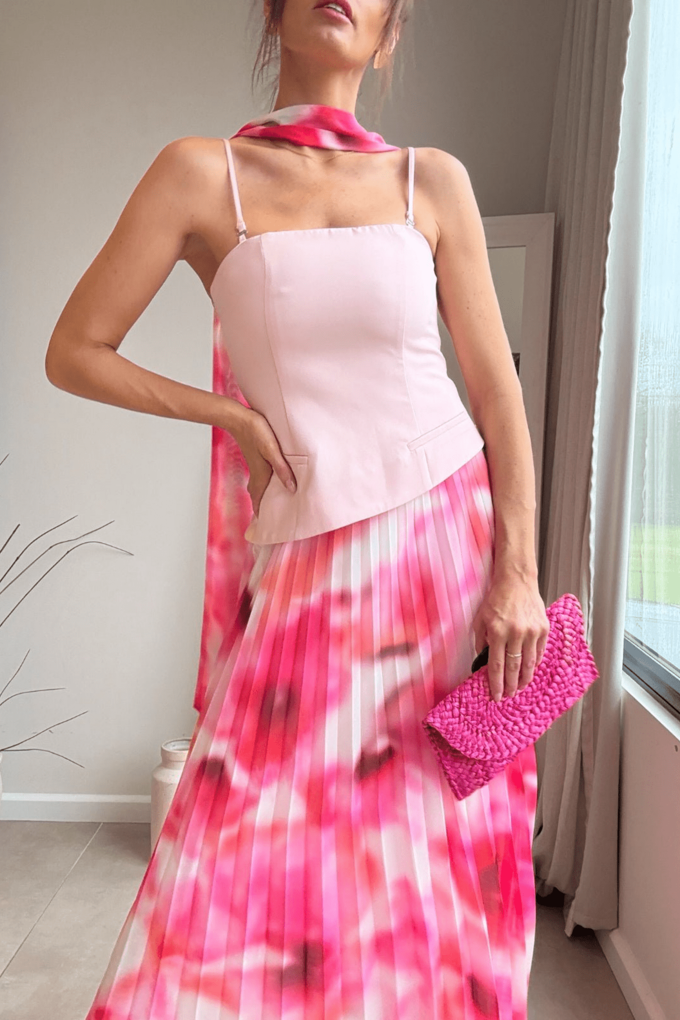 Viola Scarf Bandeau Pleat Dress in Pink - Style Cheat