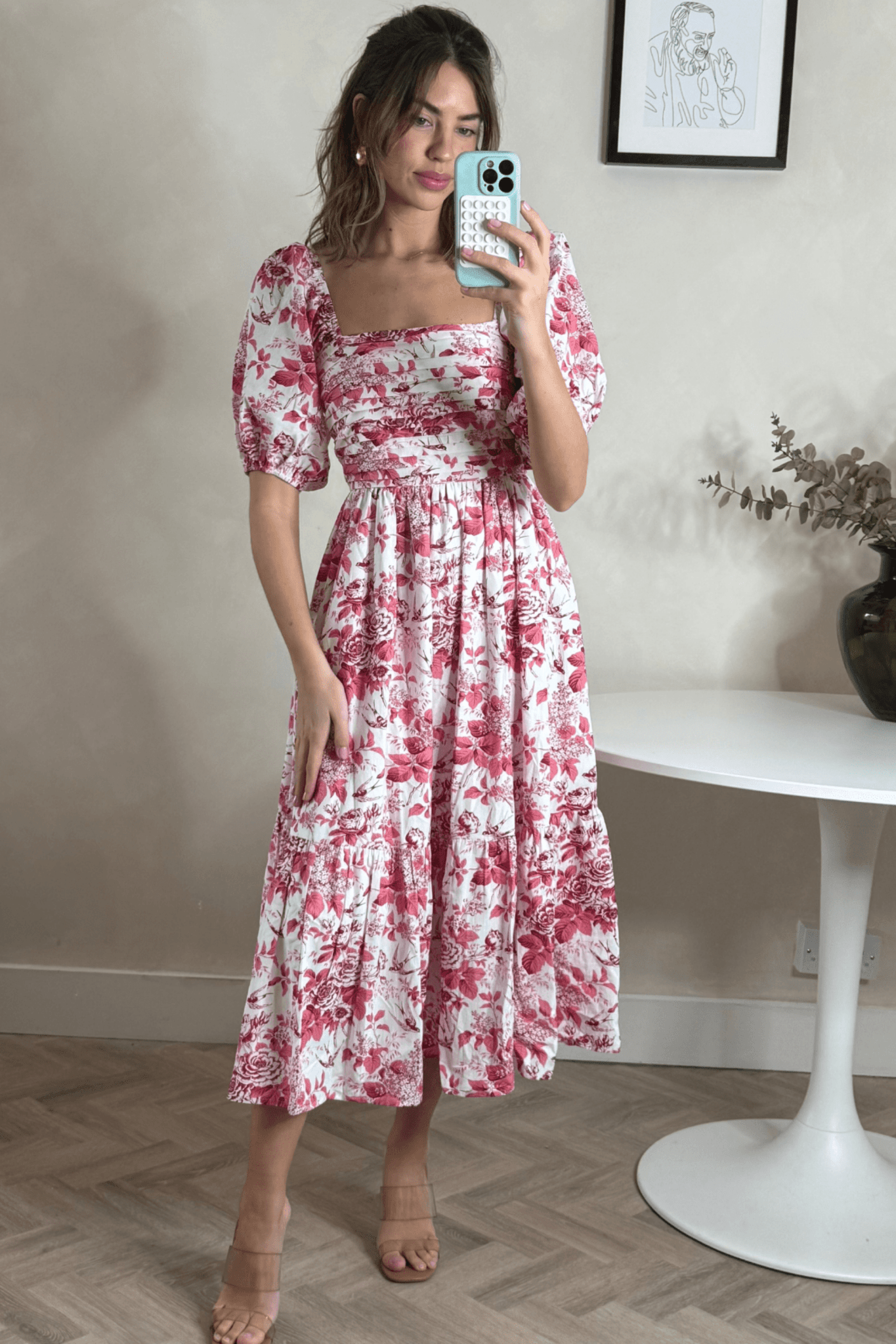 Leighton Puff Sleeve Midi Dress in Pink Floral