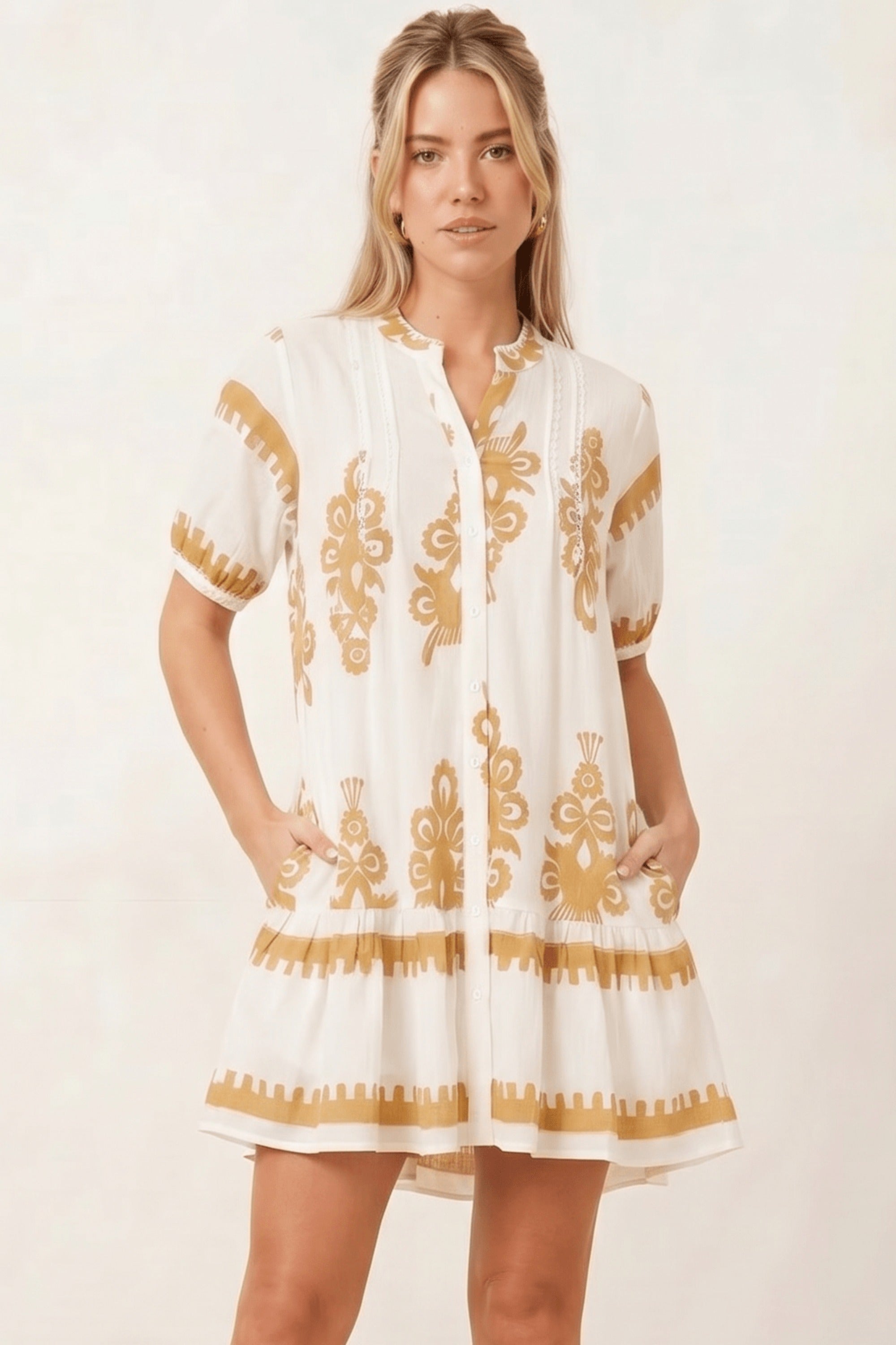 Beige and White Placement Print Mini Dress