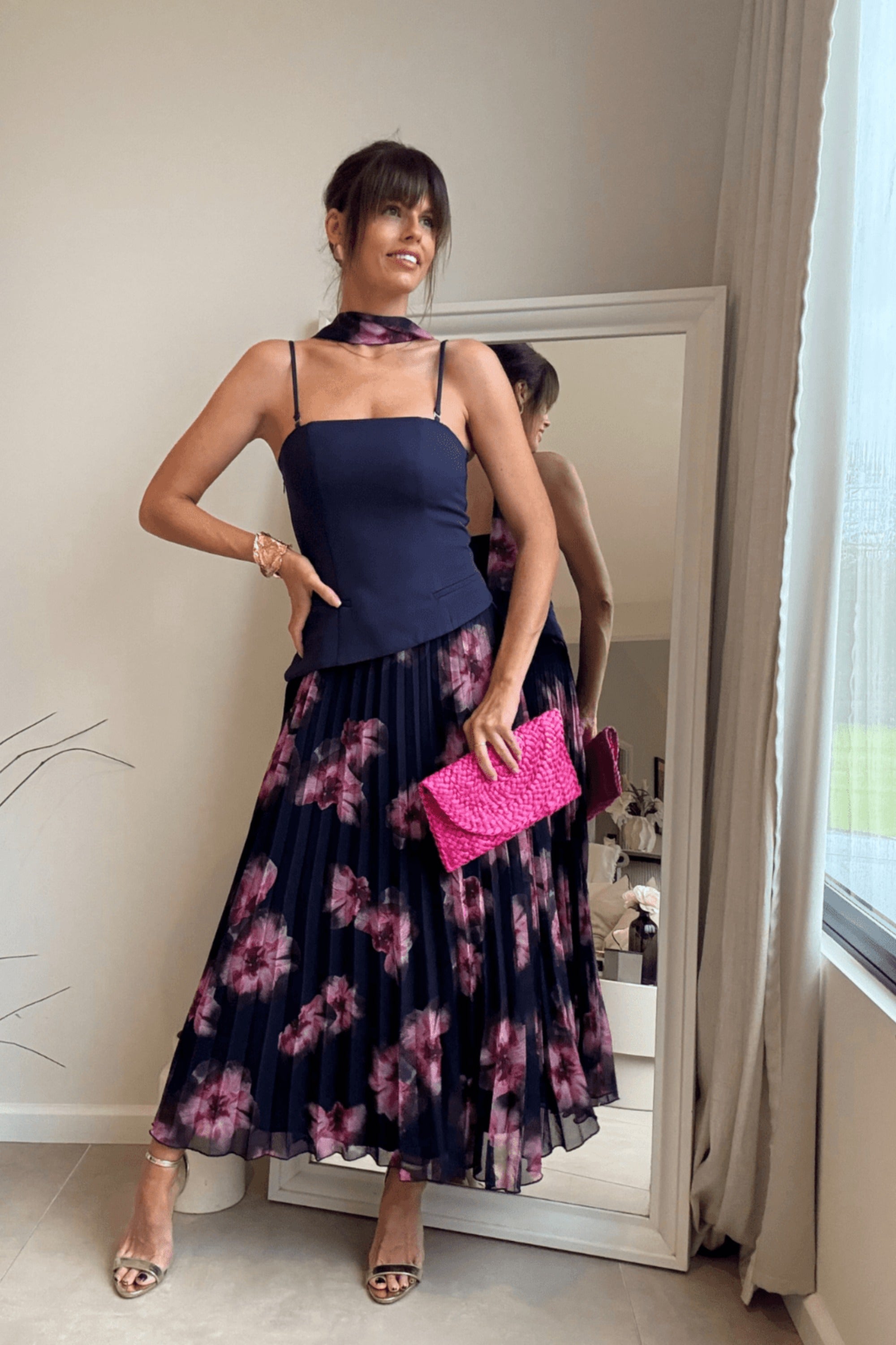 Viola Scarf Bandeau Pleat Dress in Navy - Style Cheat