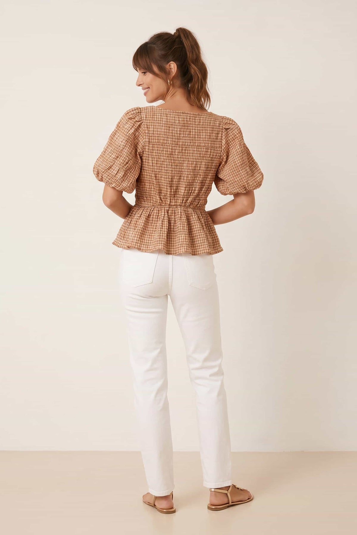 Tan Check Shirred Top