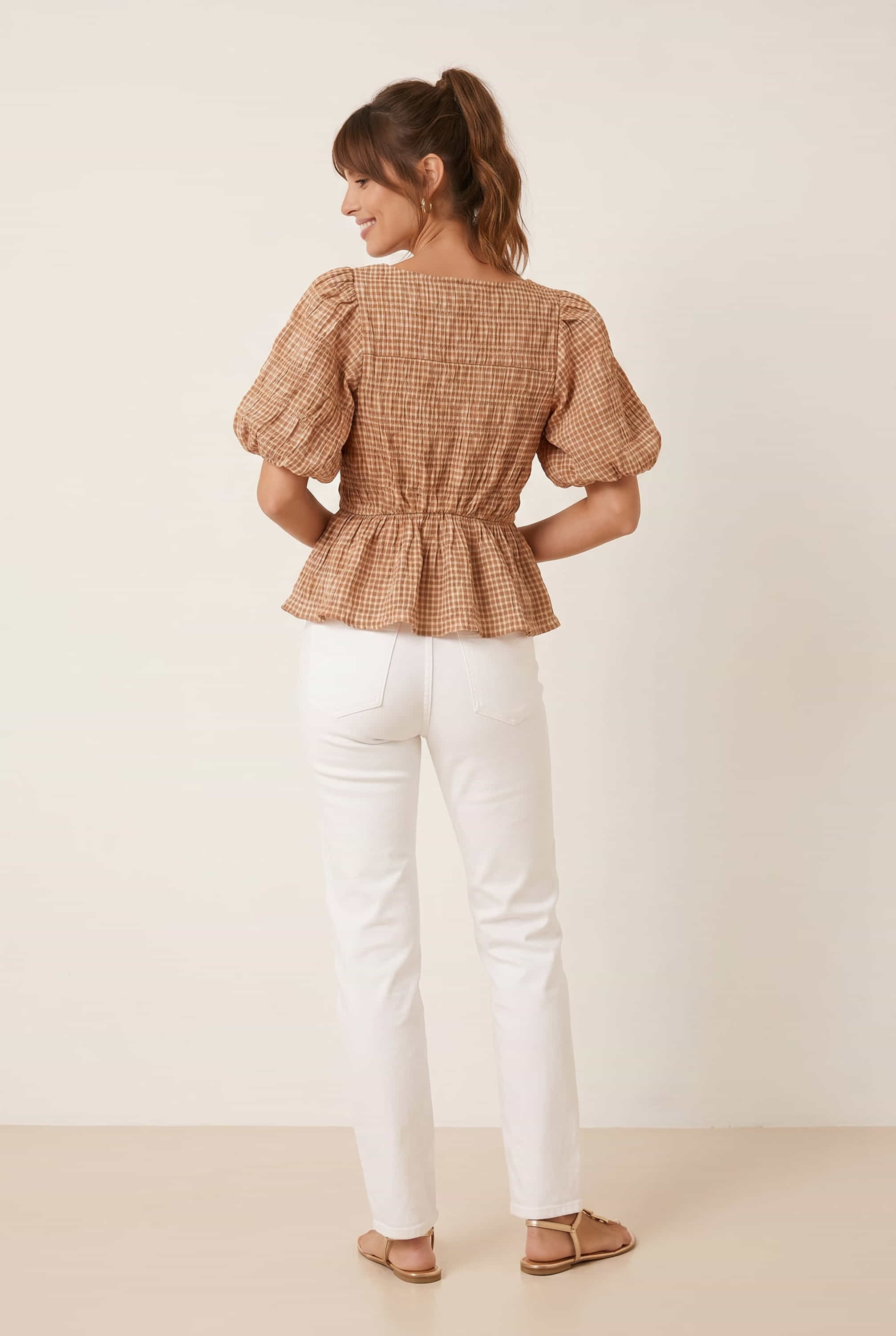 Tan Check Shirred Top