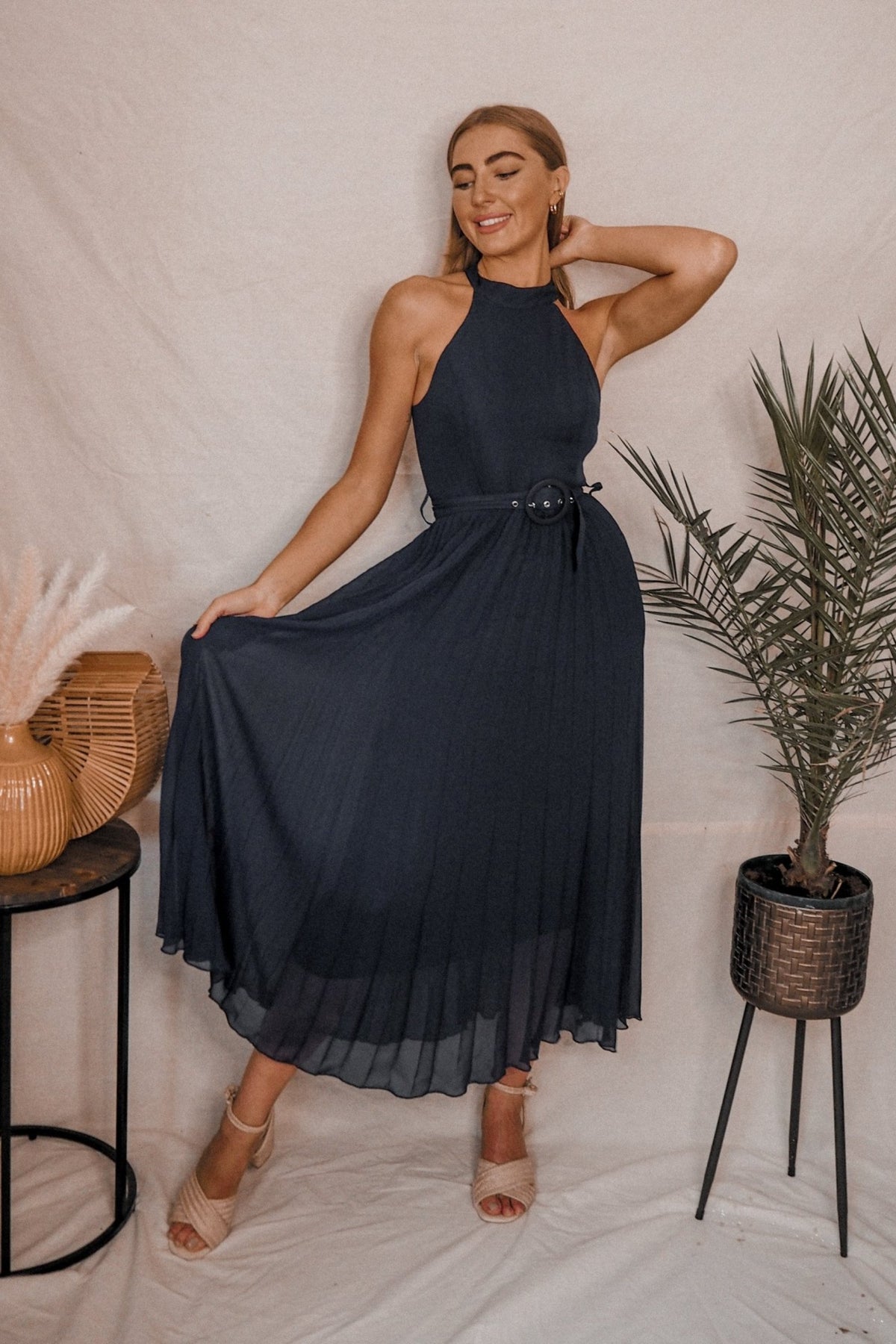Luisa Belted Pleated Maxi Dress / Navy