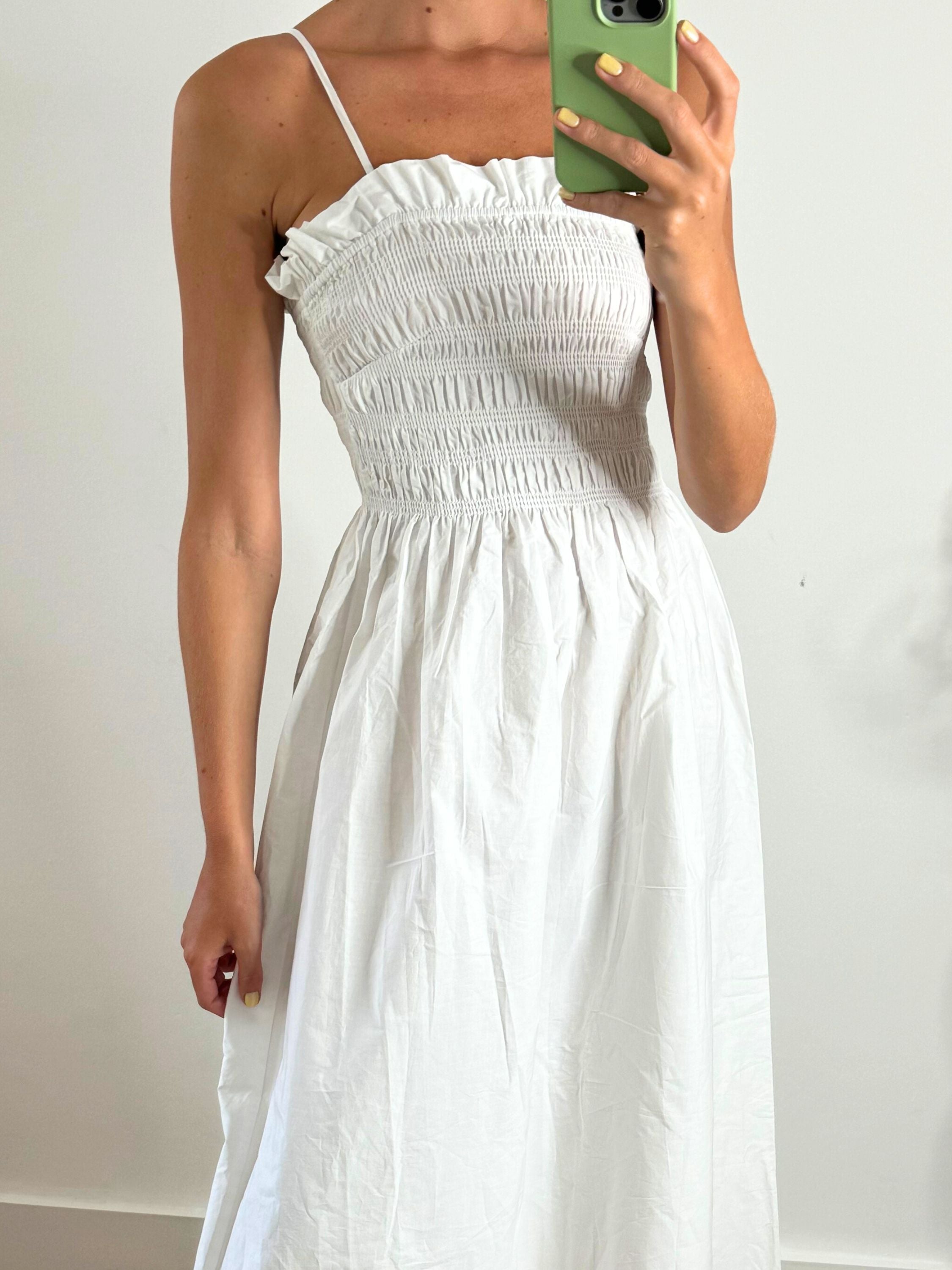 Betty Cotton Shirred Bandeau Dress / White