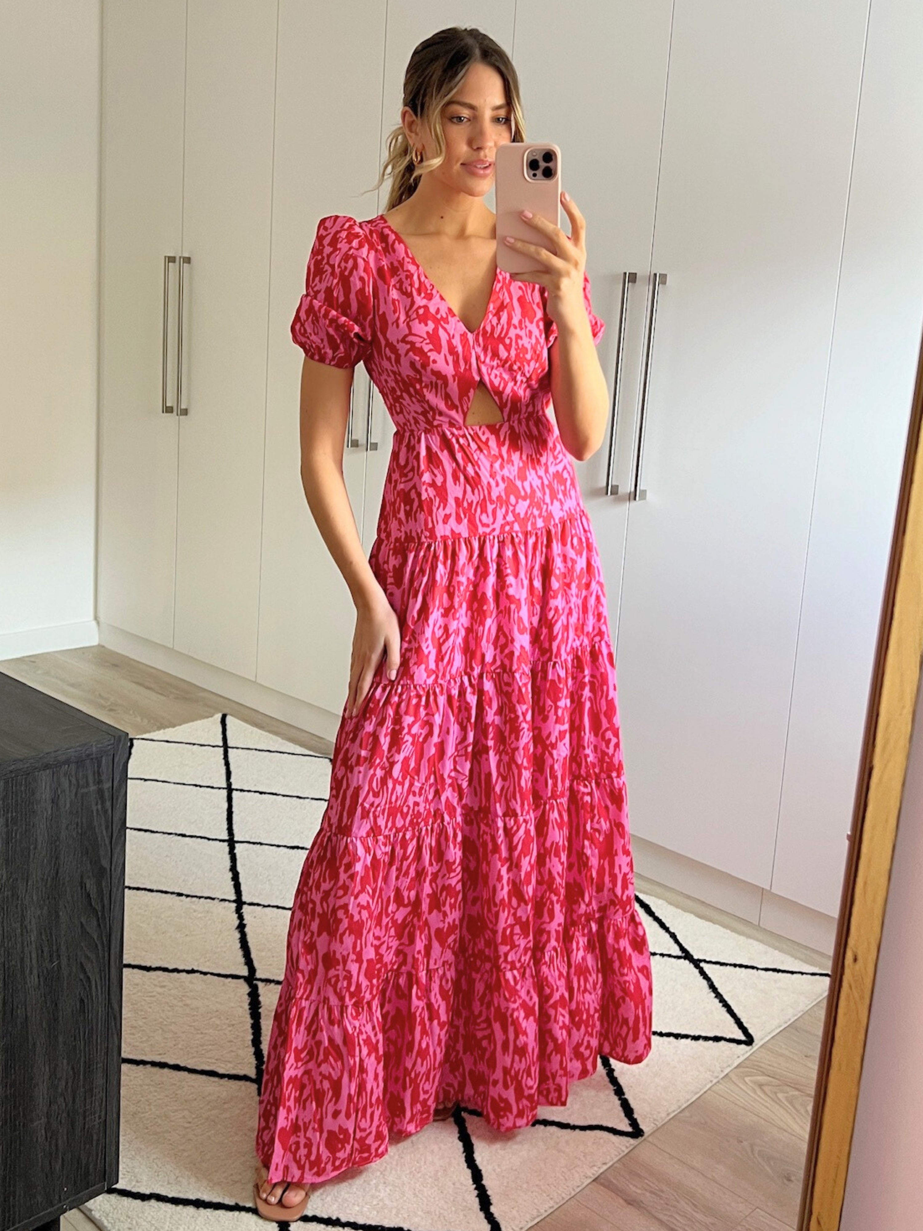 Zoe Tiered Cutout Maxi Dress / Pink Animal