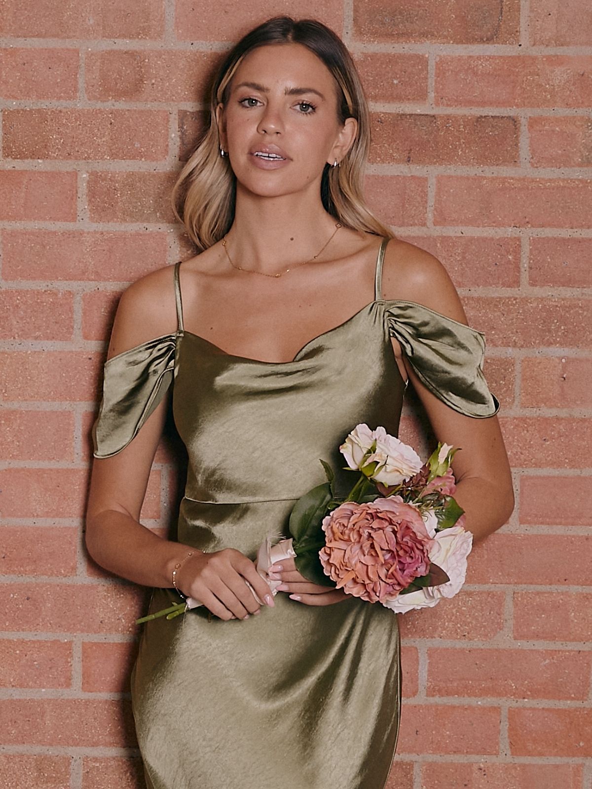 Cowl Neck Maxi Satin Bridesmaid Dress / Olive Green