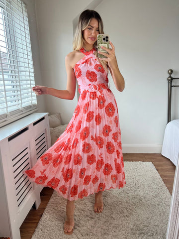 Pink and Orange Floral Dress | Paige Halter Pleated Belted Dress