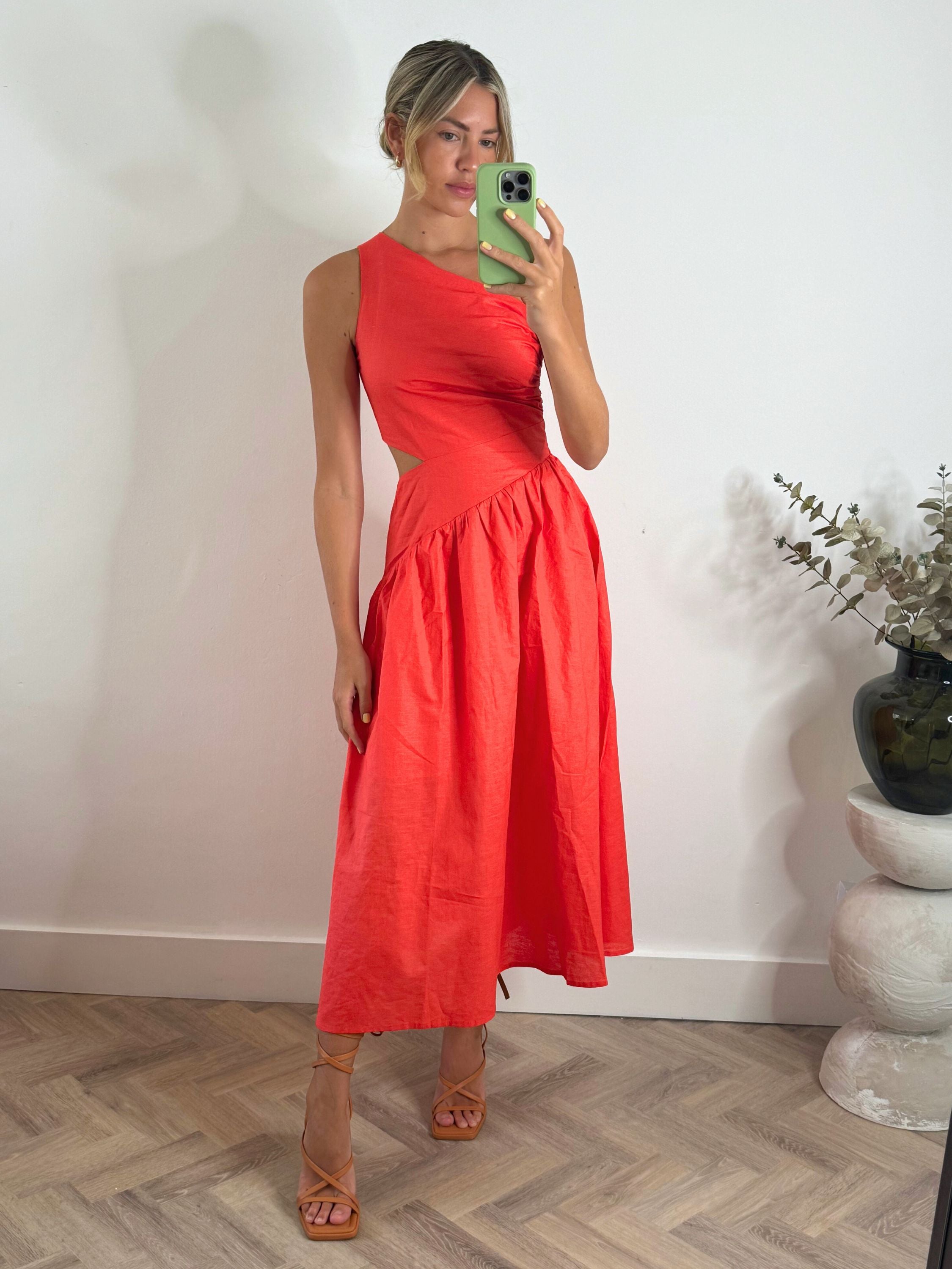 Jasmine Cut Out One Shoulder Dress in Coral