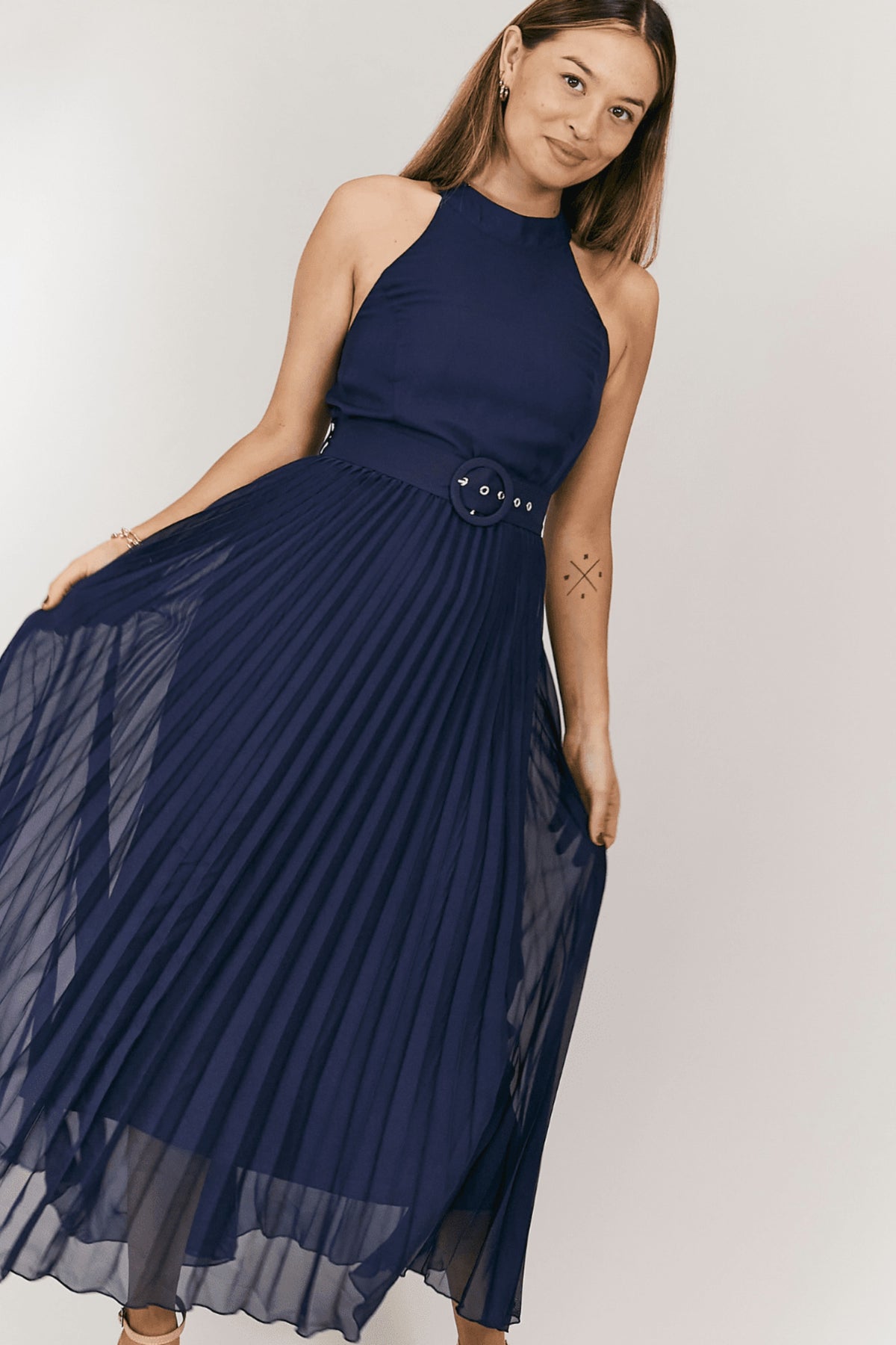 Luisa Belted Pleated Maxi Dress / Navy