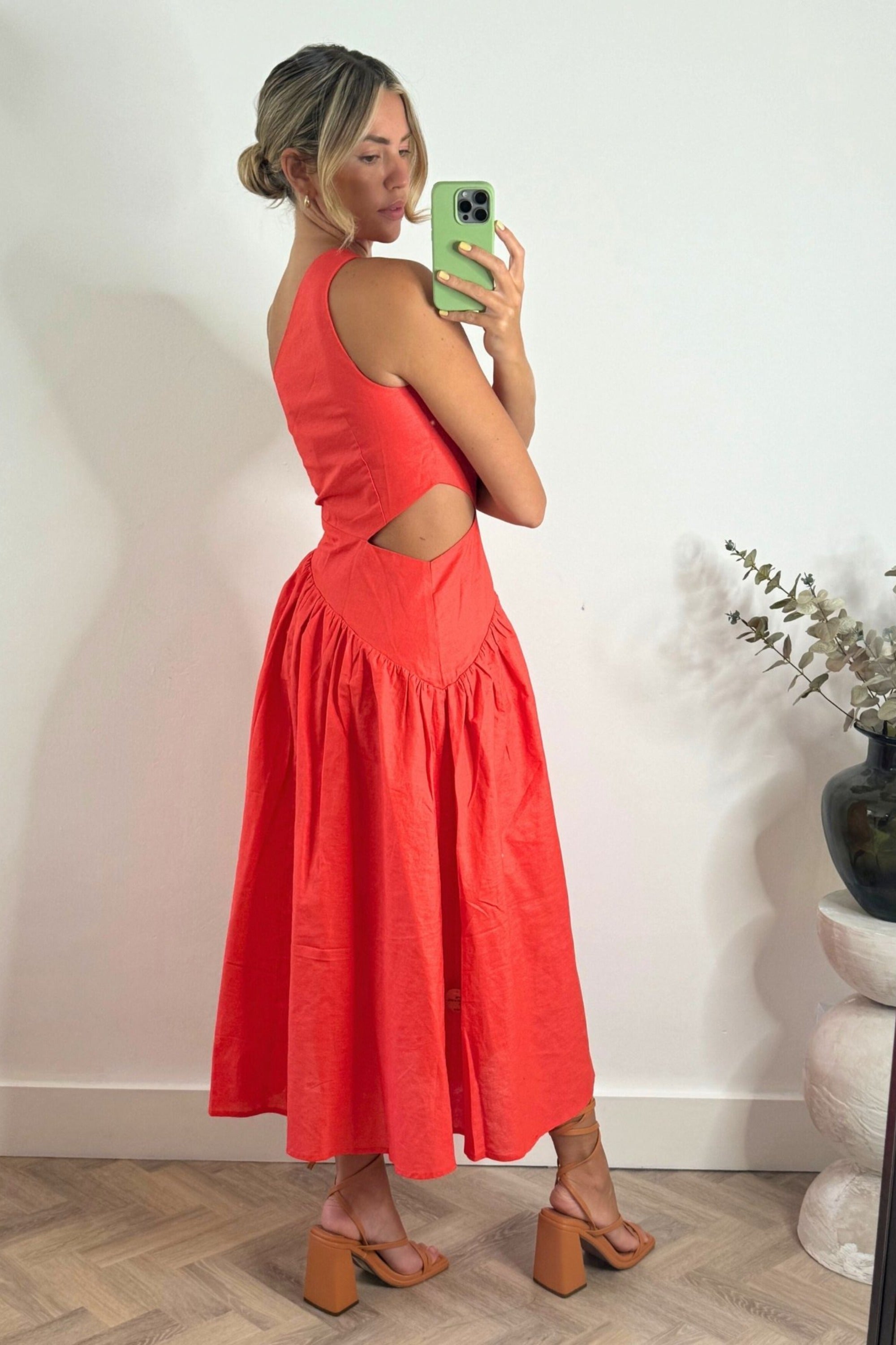 Jasmine Cut Out One Shoulder Dress in Coral - Style Cheat