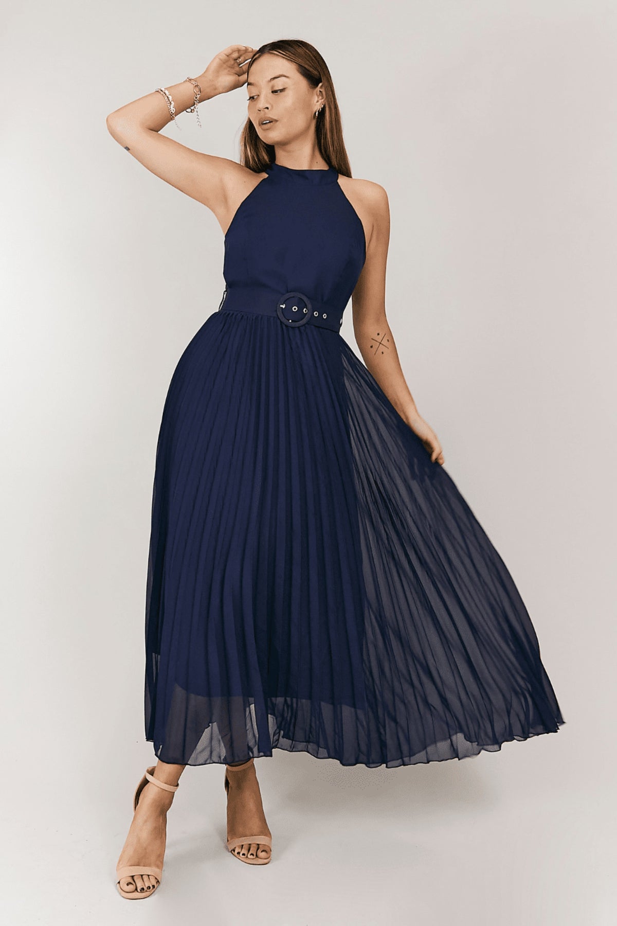 Luisa Belted Pleated Maxi Dress / Navy
