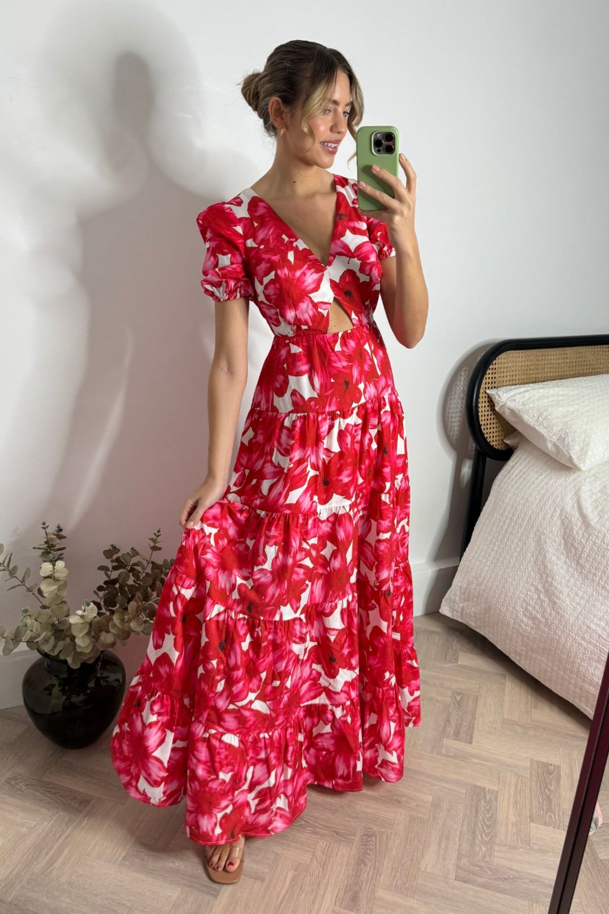 Zoe Tiered Cutout Maxi Dress / Red & White