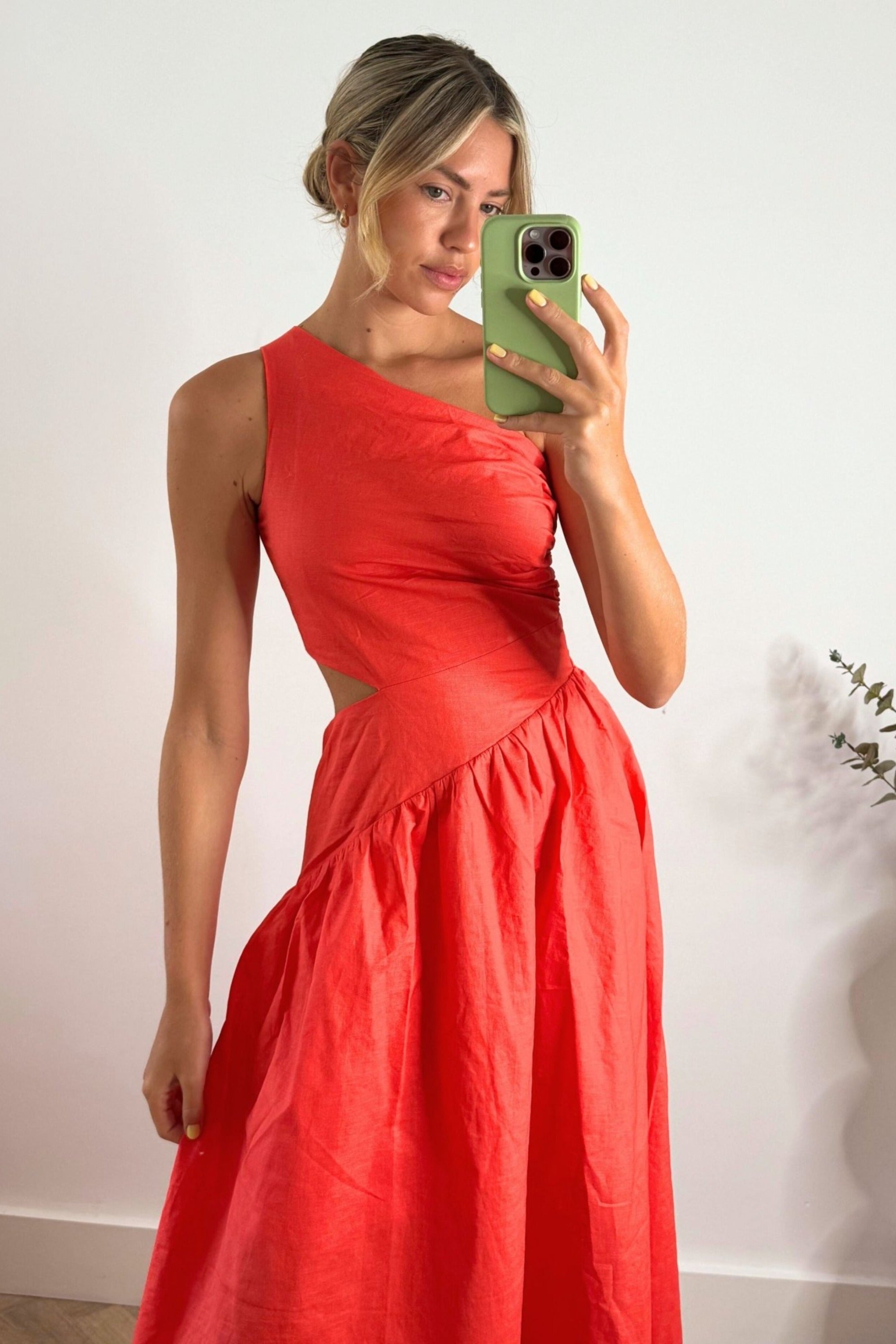 Jasmine Cut Out One Shoulder Dress in Coral - Style Cheat