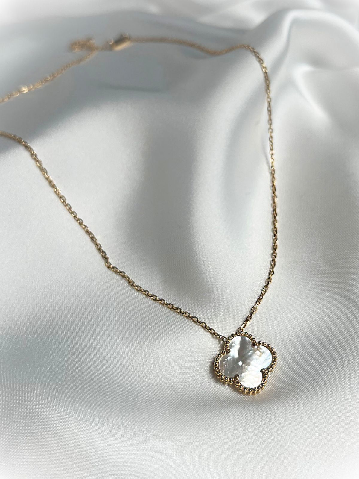 Gold Clover Design Necklace / White Opal
