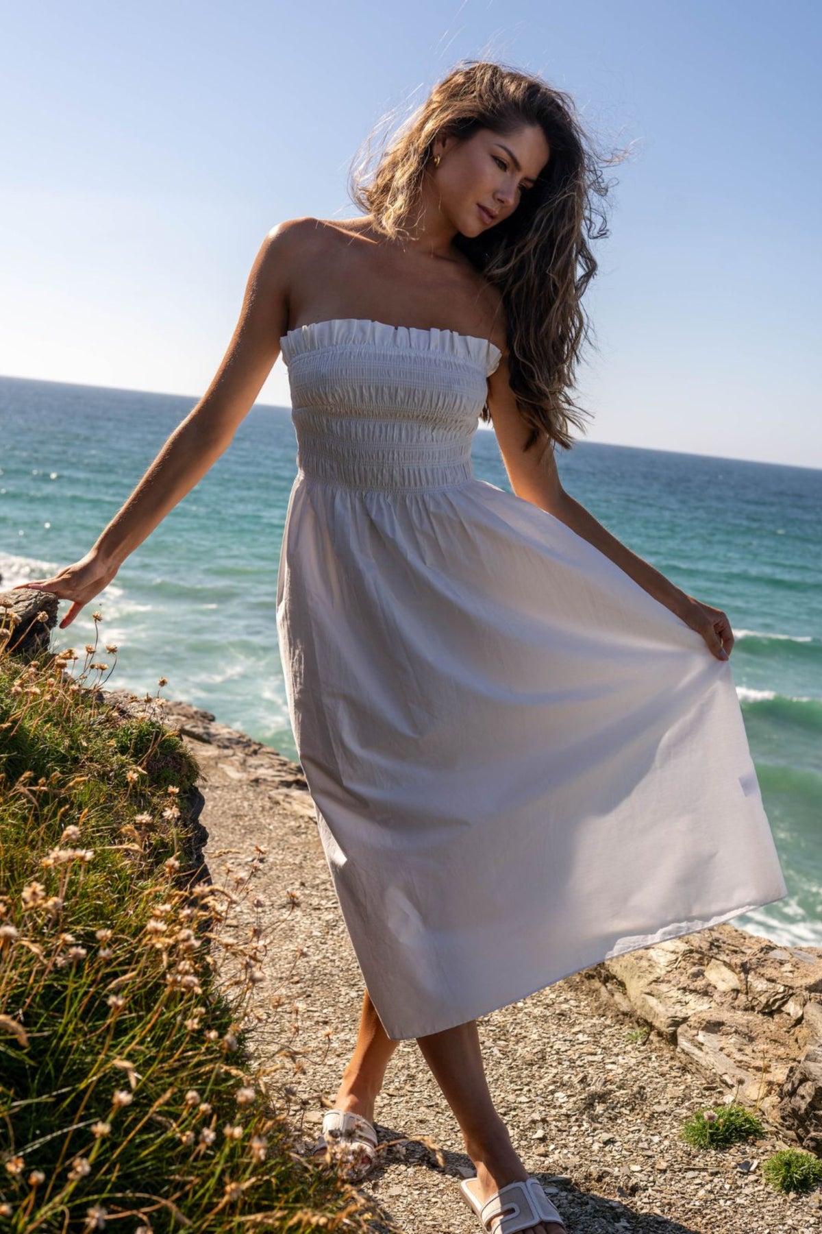 Betty Cotton Shirred Bandeau Dress in White