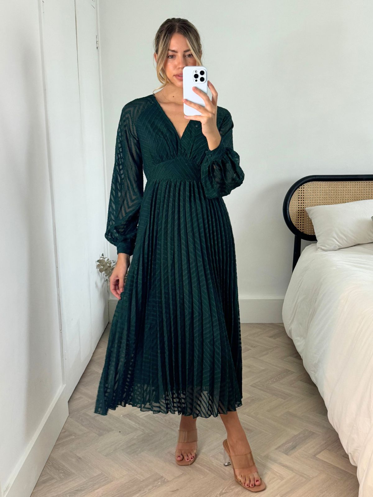 Green Long Sleeve Maxi Dress | Dannica Pleated Dress