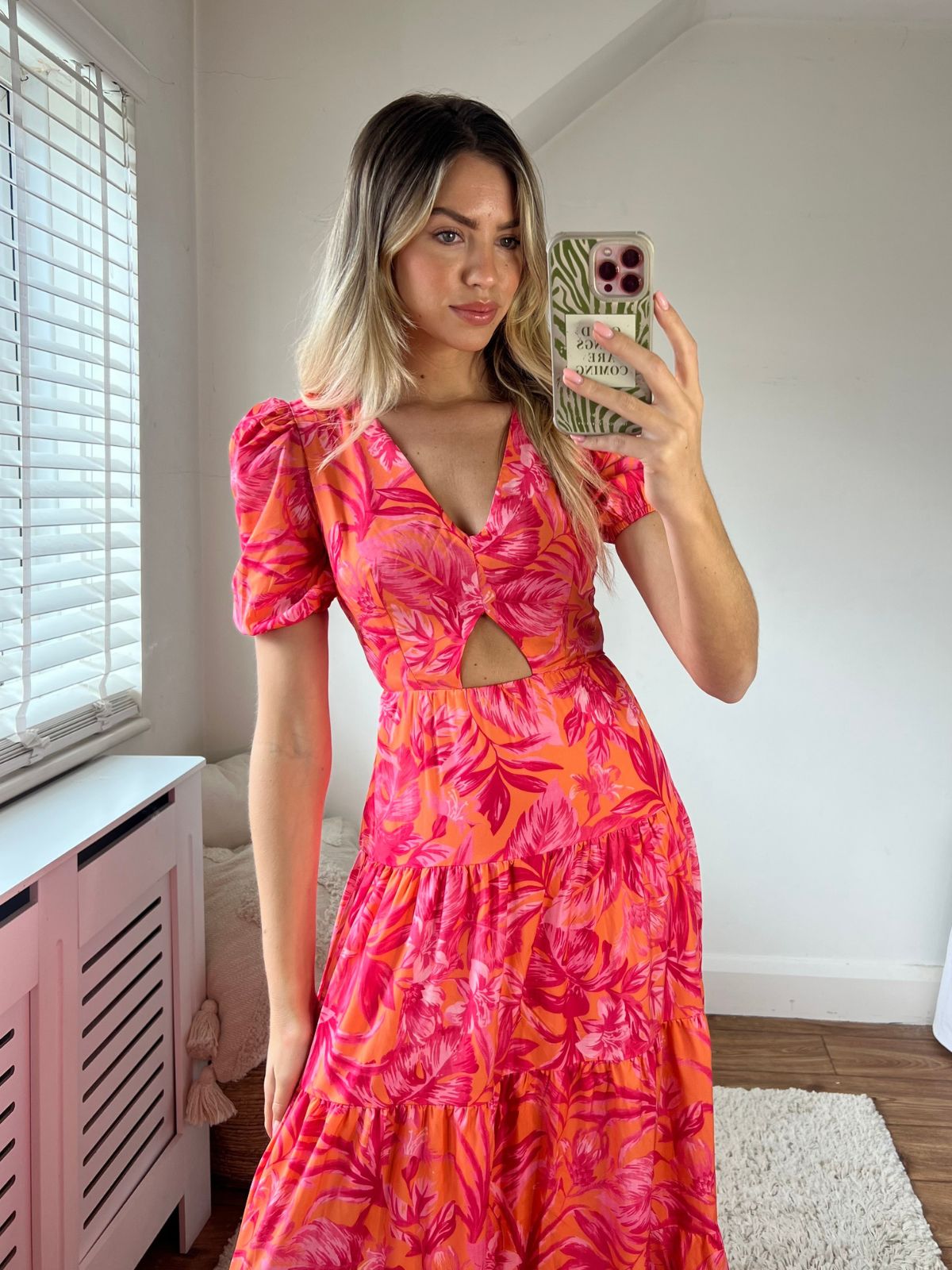 Zoe Tiered Cutout Maxi Dress / Pink & Orange Palm