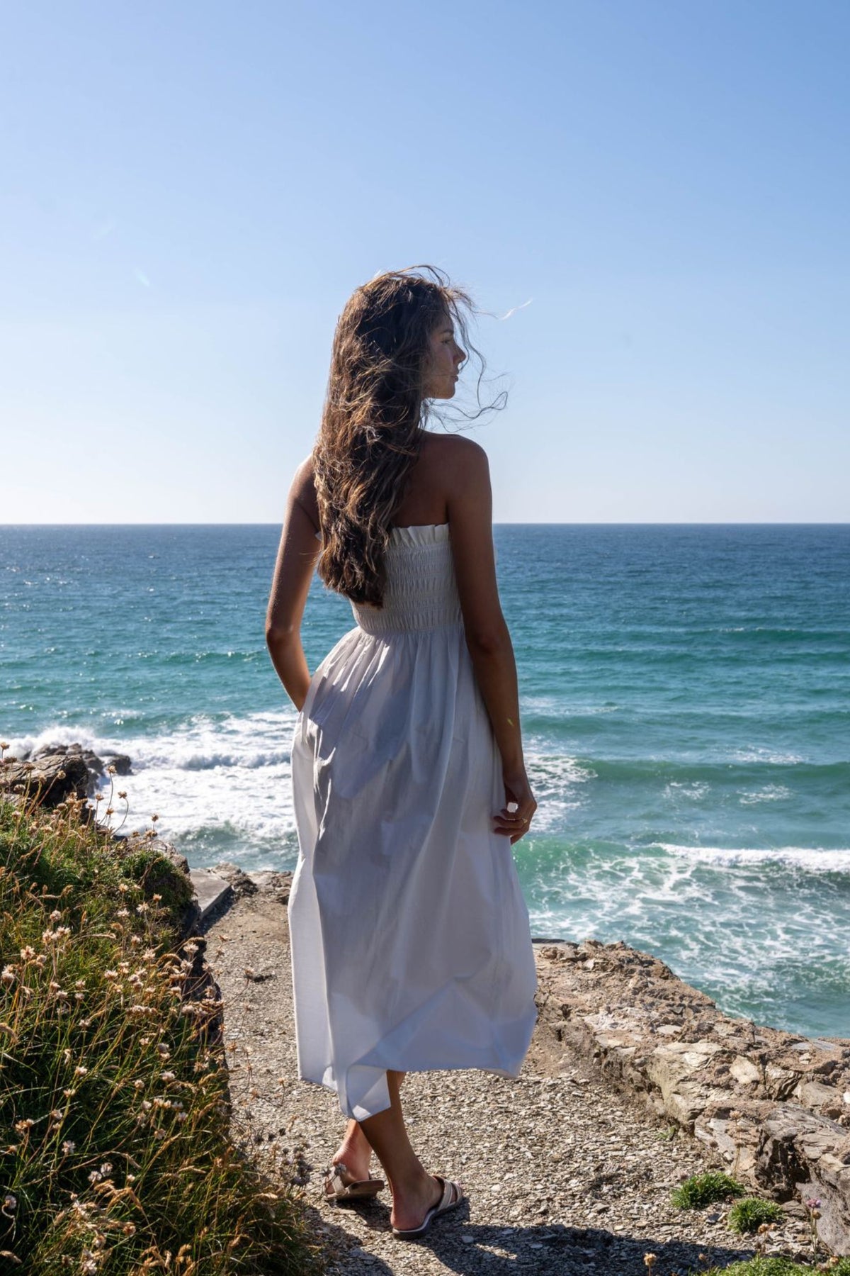 Betty Cotton Shirred Bandeau Dress in White