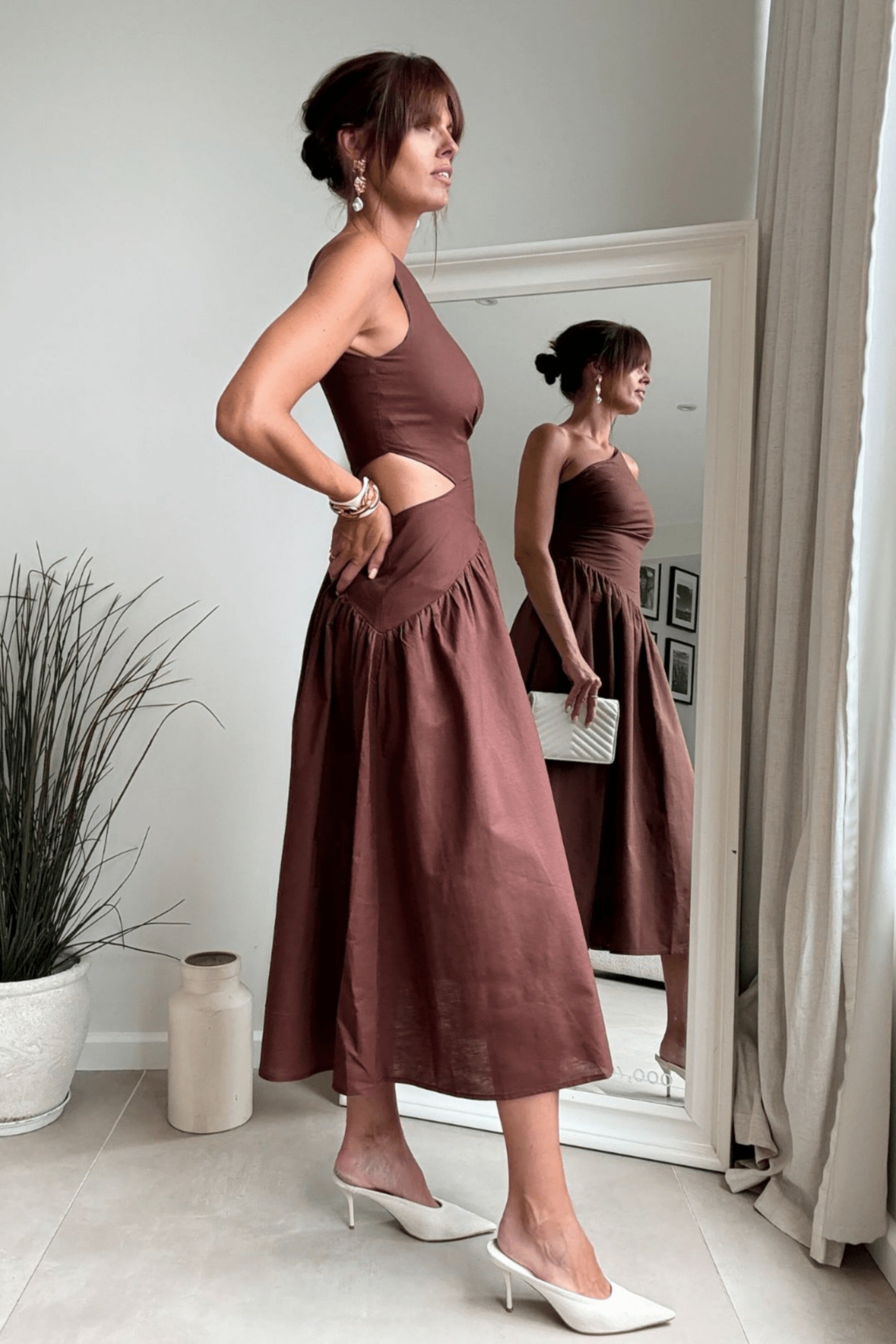 Jasmine Cut Out One Shoulder Dress in Chocolate Brown - Style Cheat