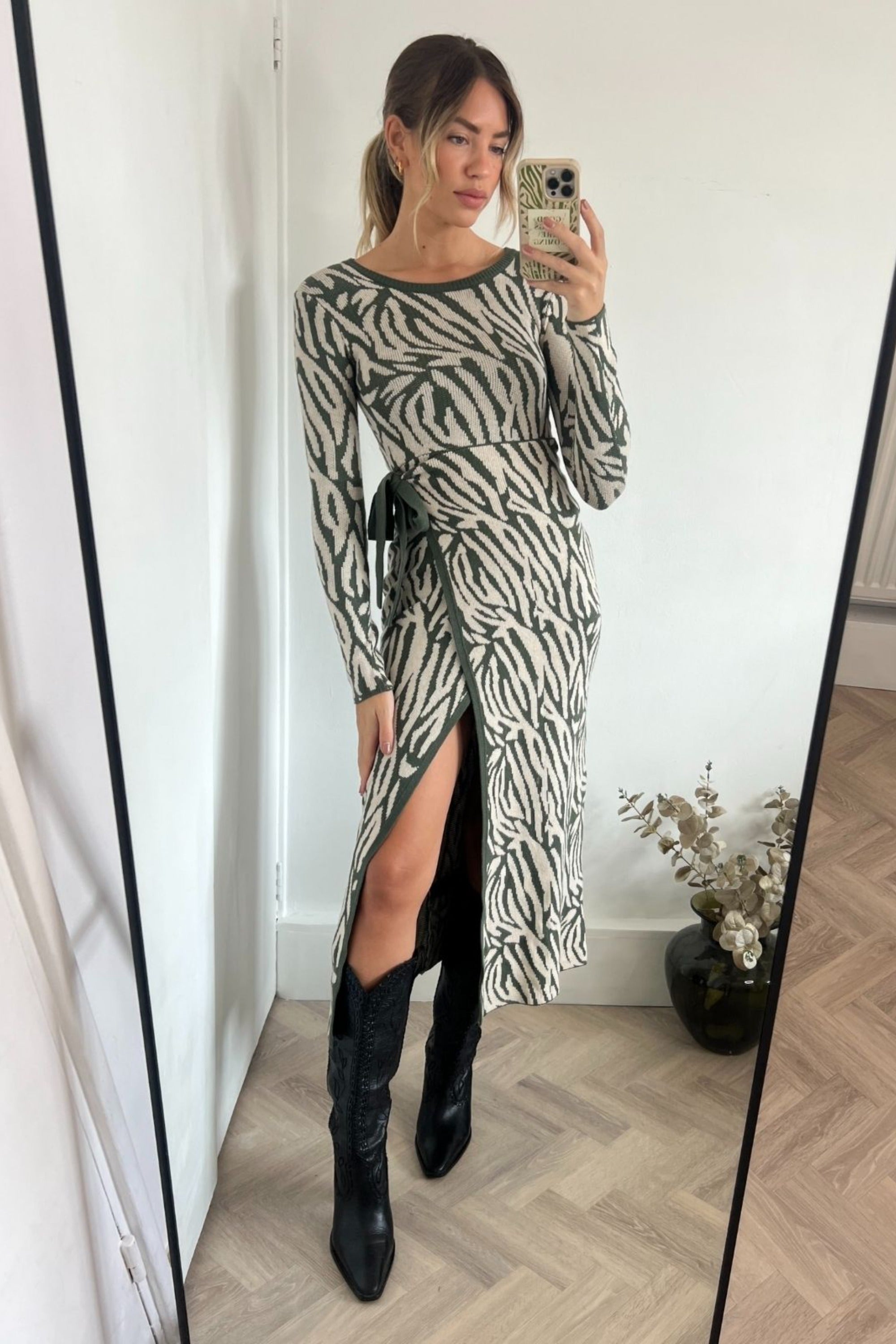 Renee Zebra Jacquard Knitted Midaxi Dress / Khaki - Style Cheat