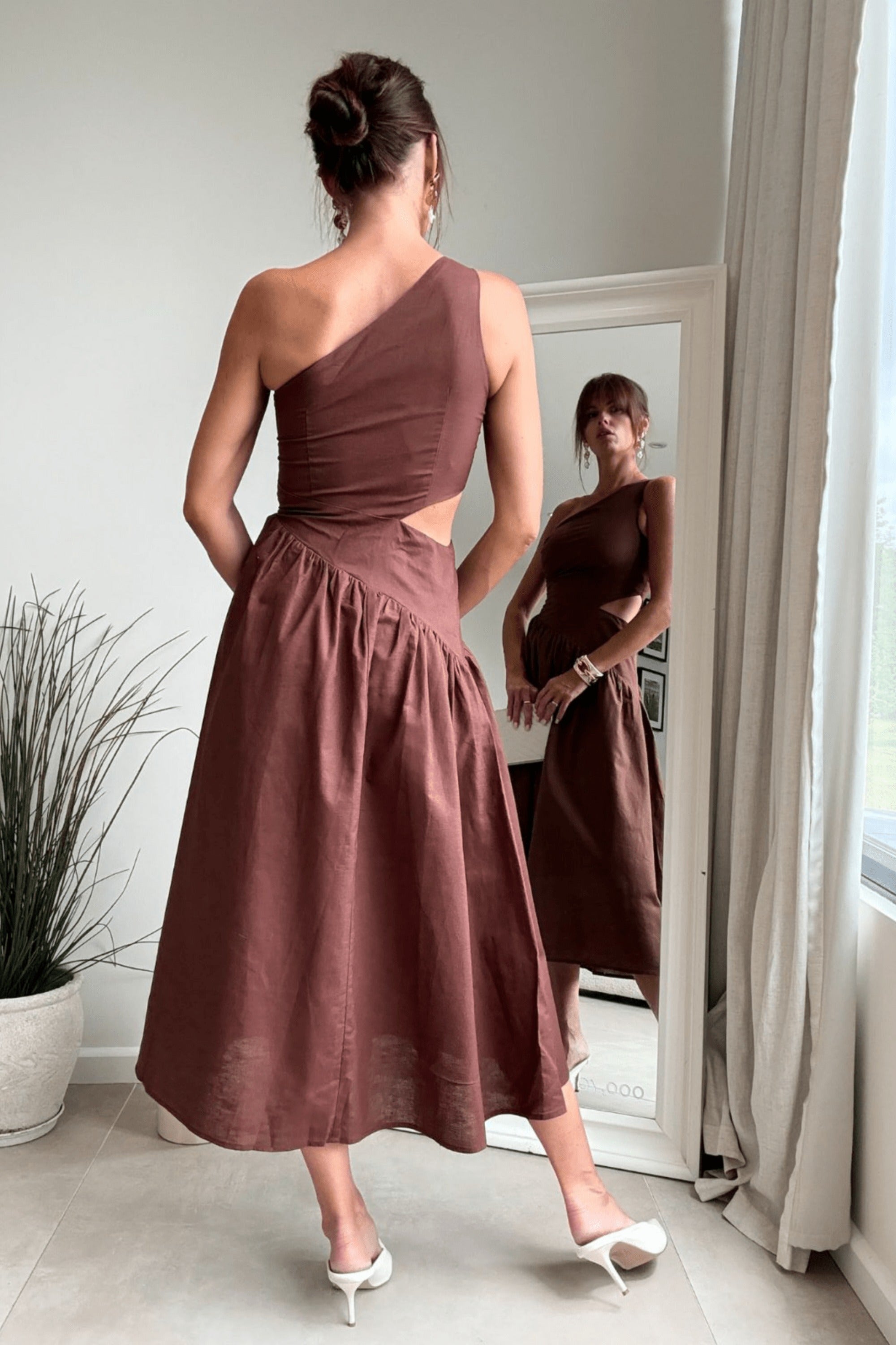 Jasmine Cut Out One Shoulder Dress in Chocolate Brown - Style Cheat