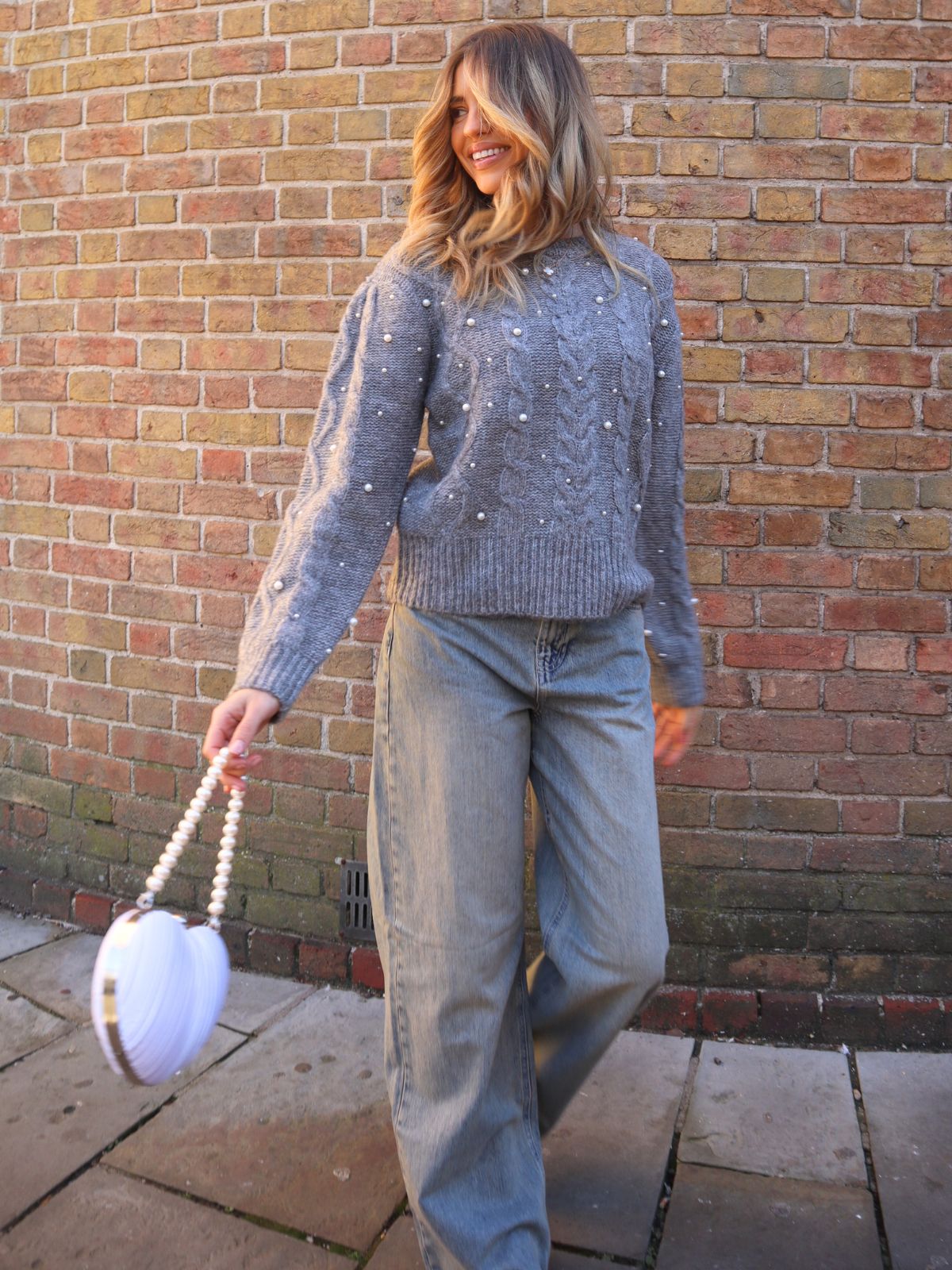 Grey Jumper with Pearls | Ivanna Chunky Cable Knit Jumper