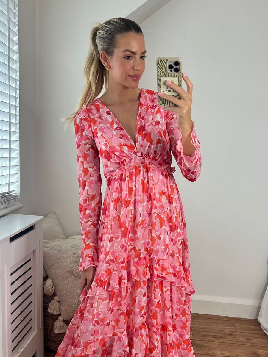 Pink and Red Floral Dress | Birdie Frill Tie Back Dress – Style Cheat
