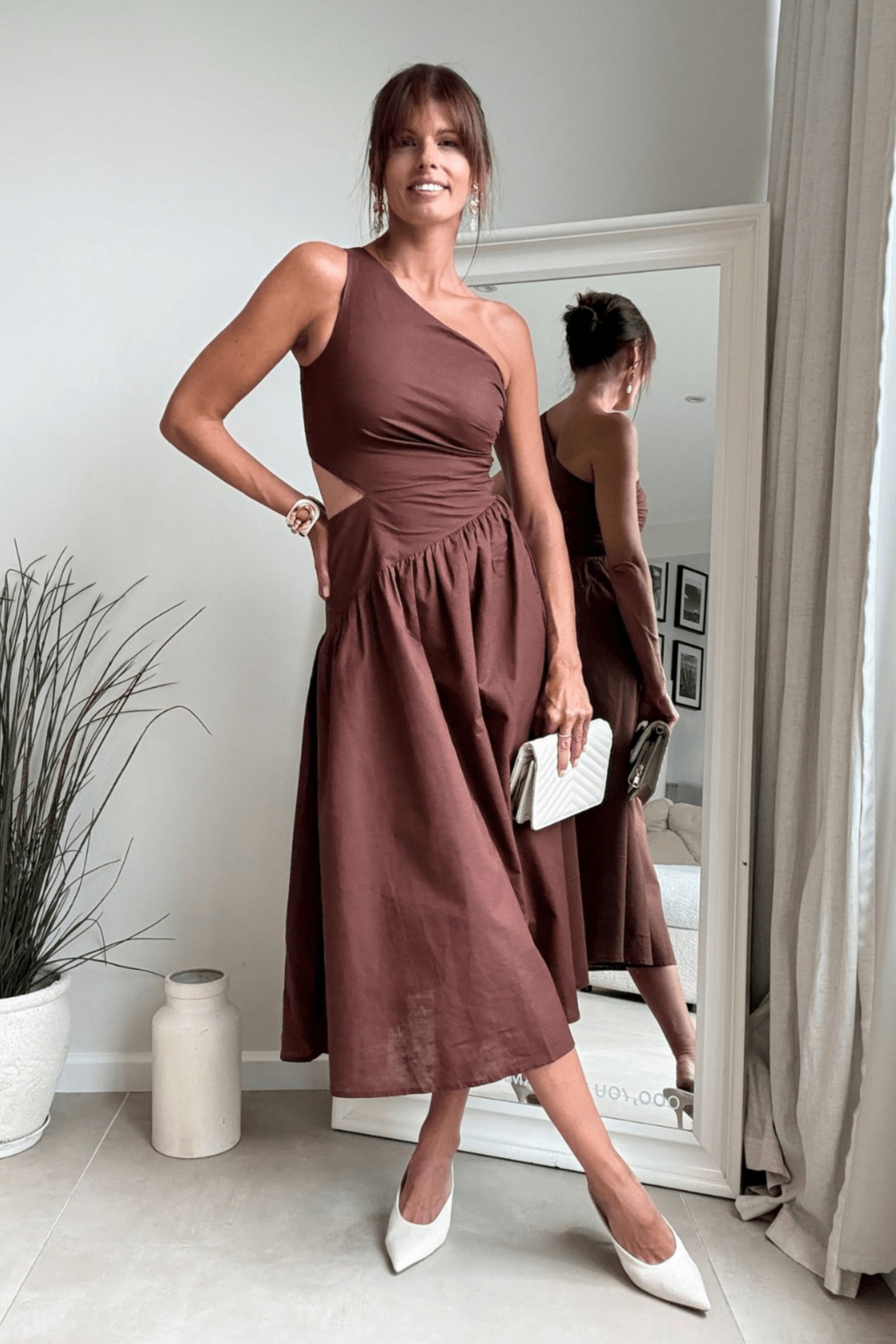 Jasmine Cut Out One Shoulder Dress in Chocolate Brown - Style Cheat