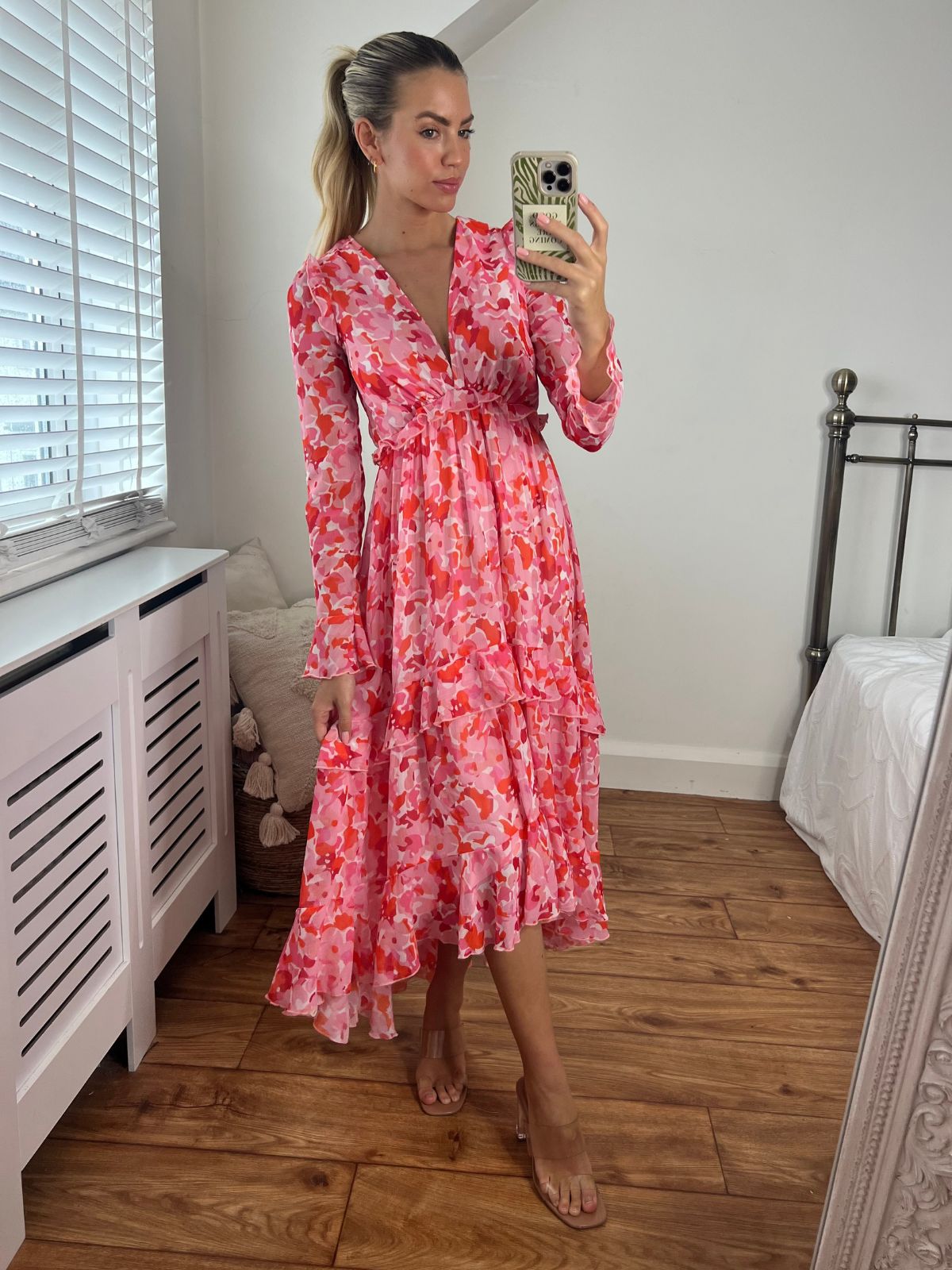 Birdie Frill Tie Back Dress / Pink and Red Floral