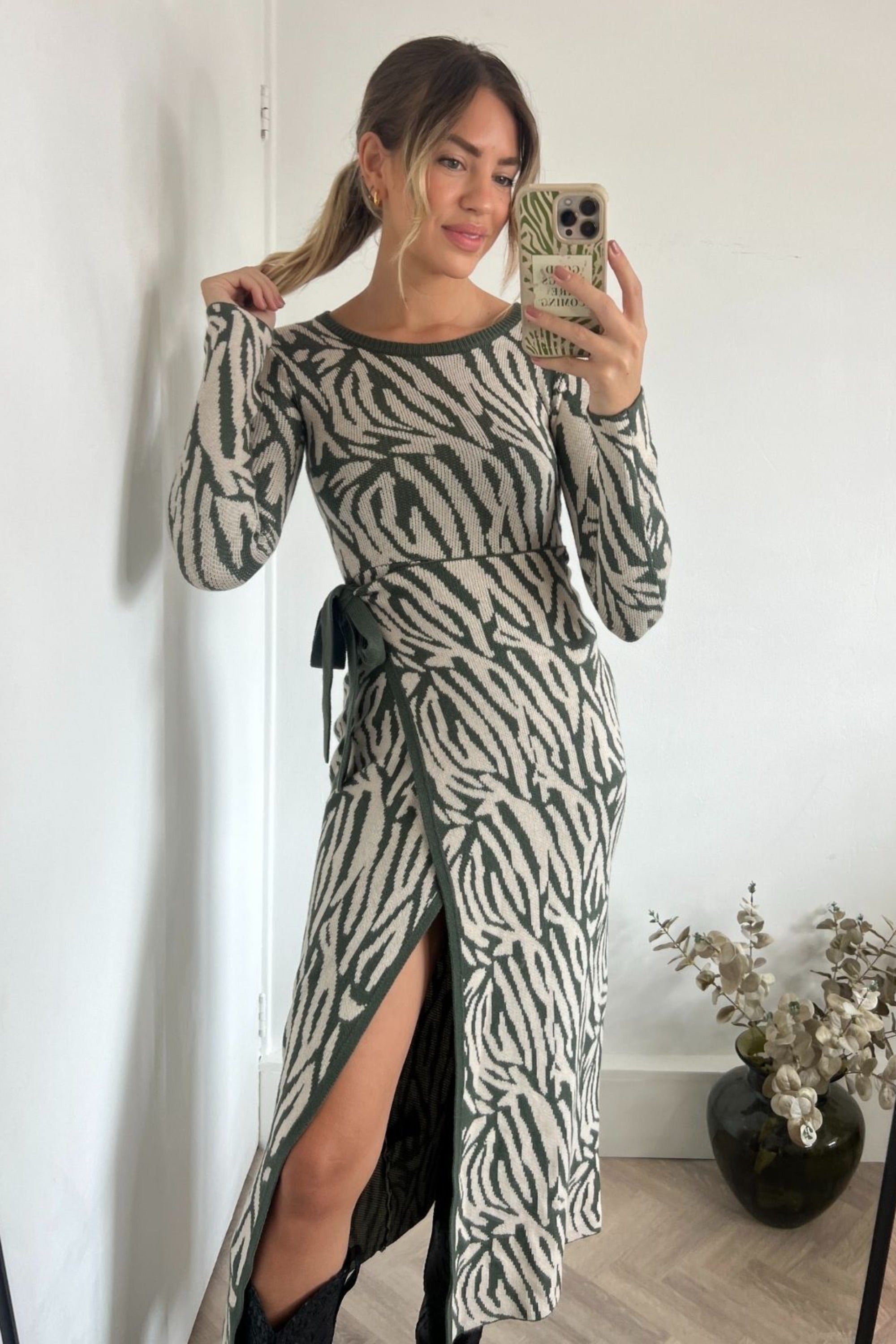 Renee Zebra Jacquard Knitted Midaxi Dress / Khaki - Style Cheat
