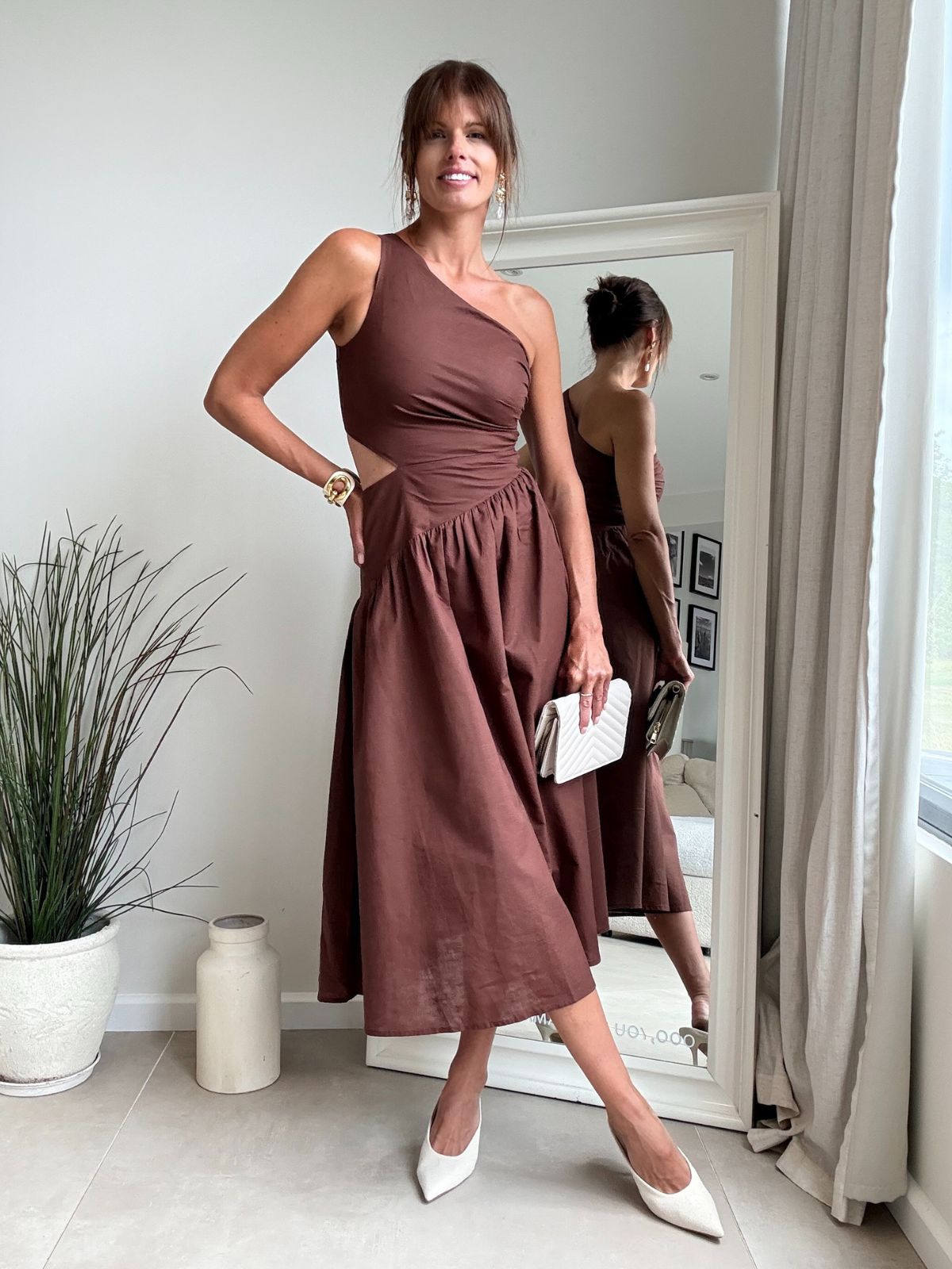 Jasmine Cut Out One Shoulder Dress in Chocolate Brown