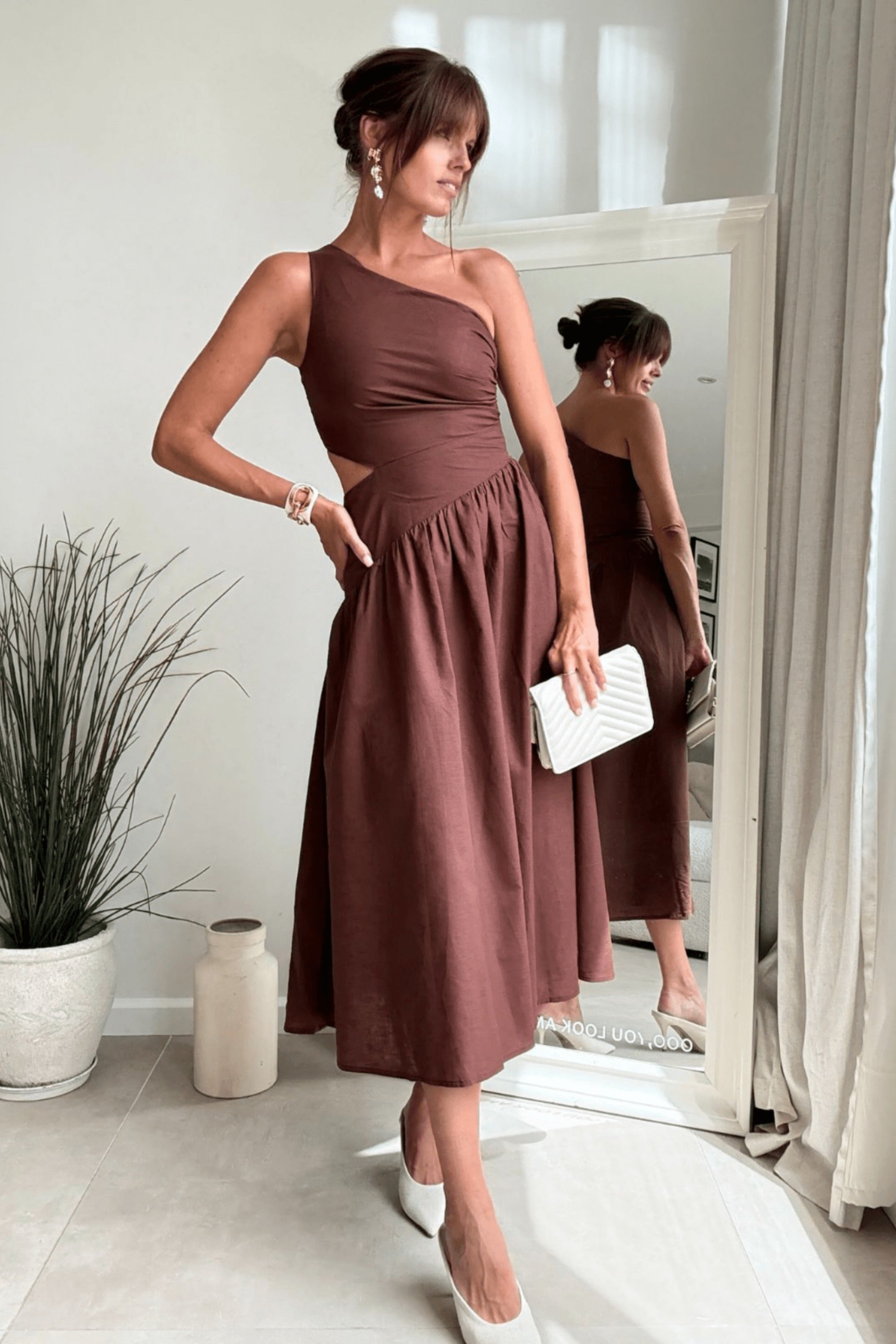 Jasmine Cut Out One Shoulder Dress in Chocolate Brown - Style Cheat