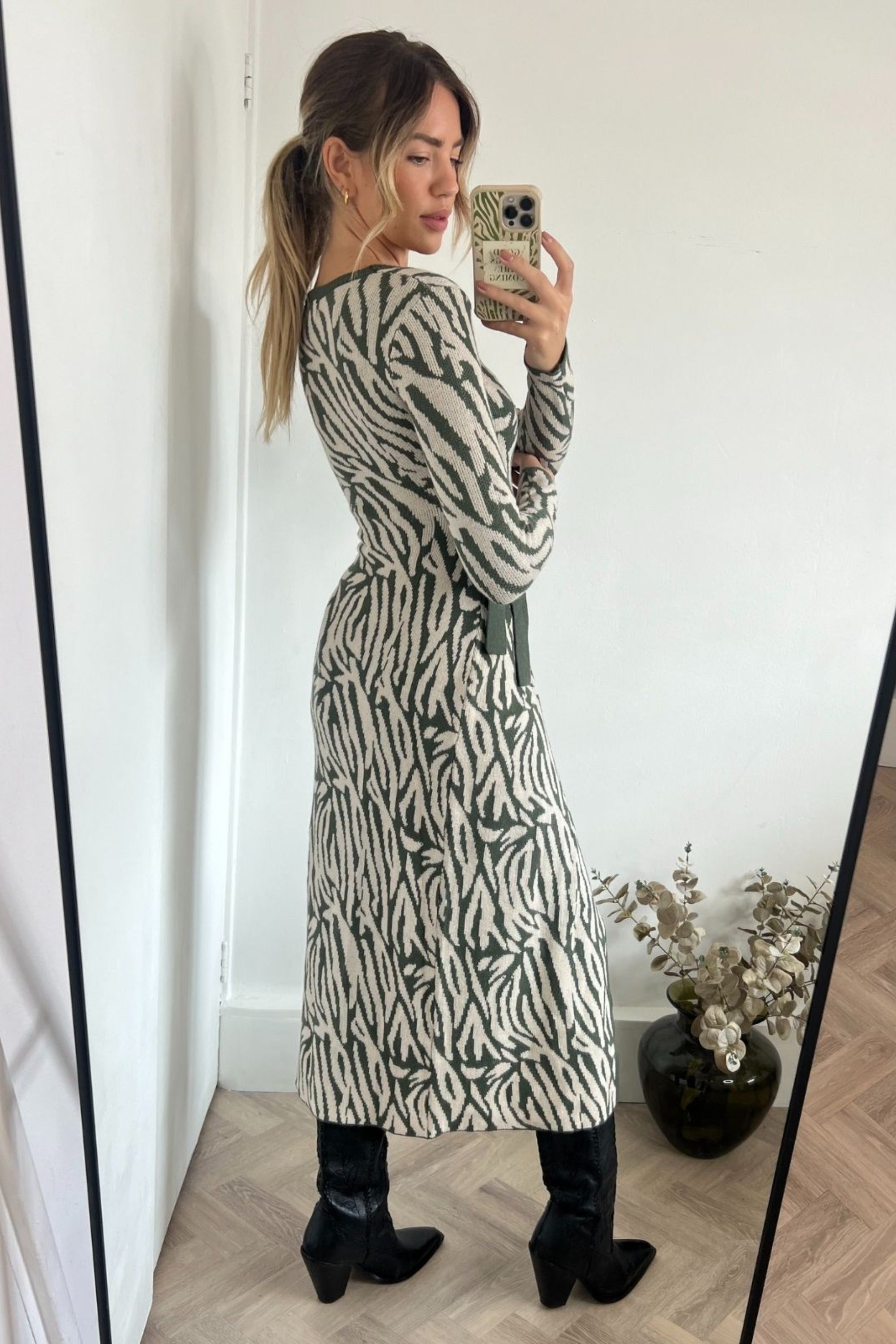 Renee Zebra Jacquard Knitted Midaxi Dress / Khaki - Style Cheat