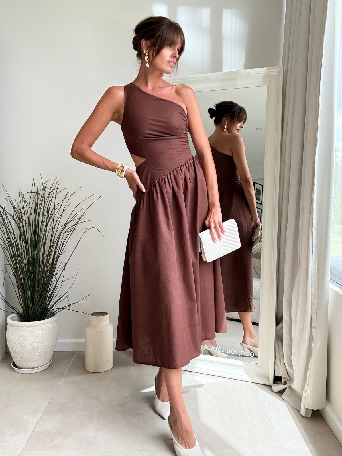 Jasmine Cut Out One Shoulder Dress in Chocolate Brown