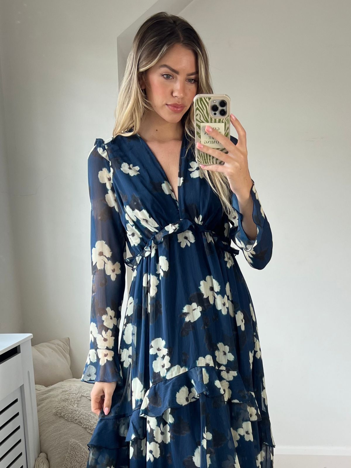 Navy Floral Midi Dress | Birdie Frill Tie Back Dress – Style Cheat