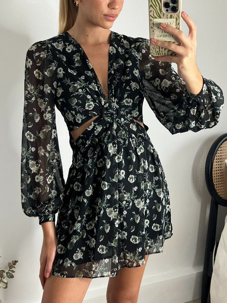 Black floral mini dress best sale