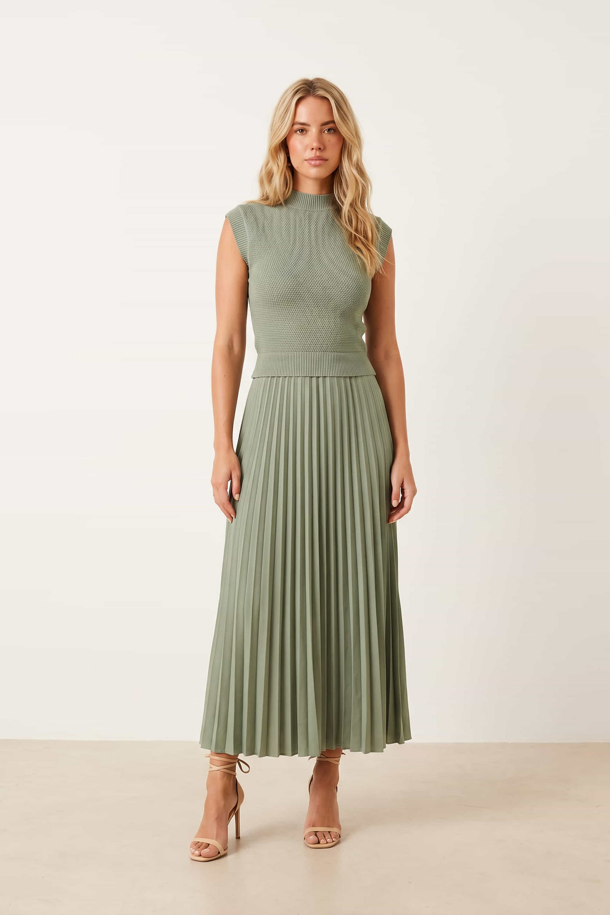 Sage Knit Pleated Skirt Dress