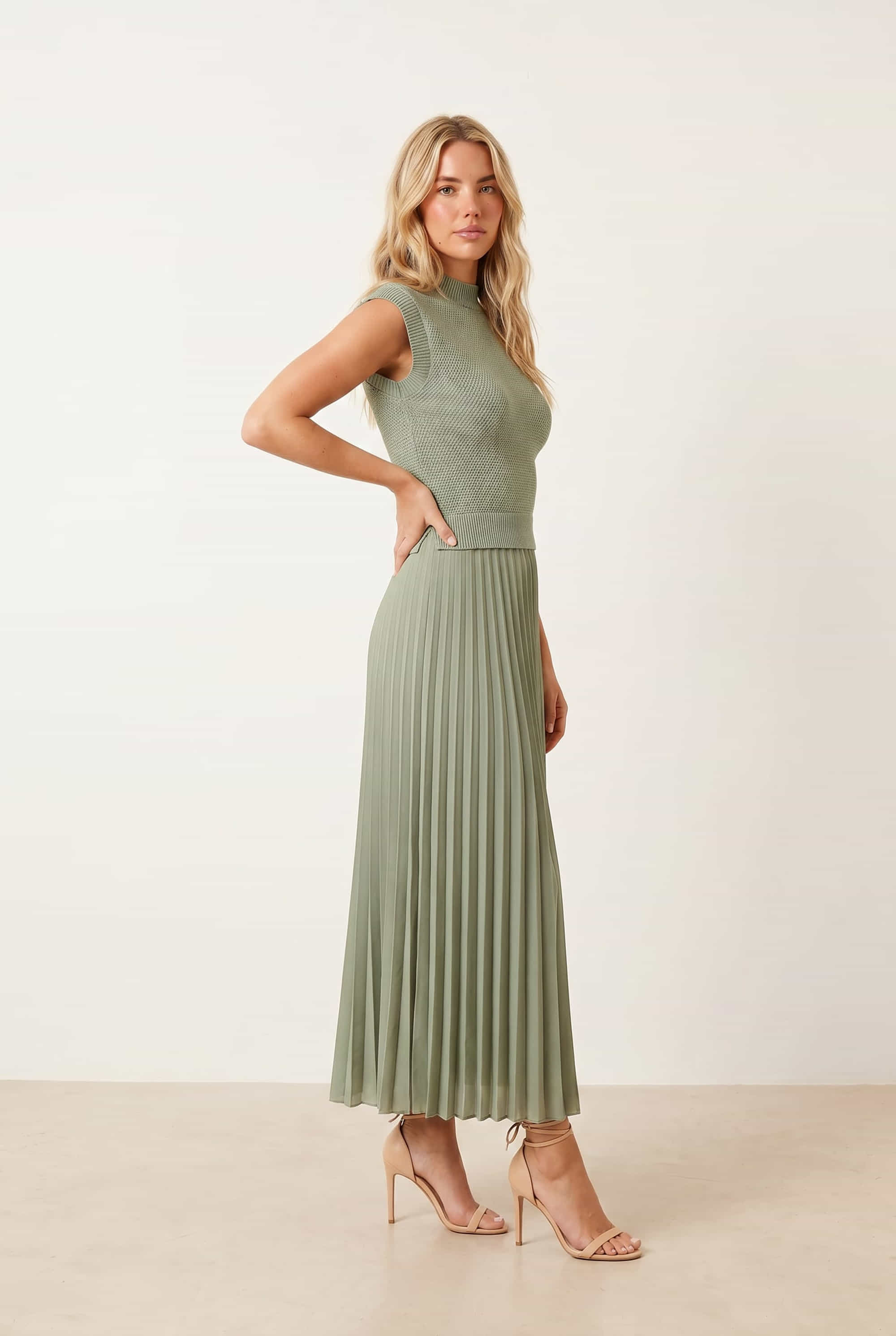 Sage Knit Pleated Skirt Dress