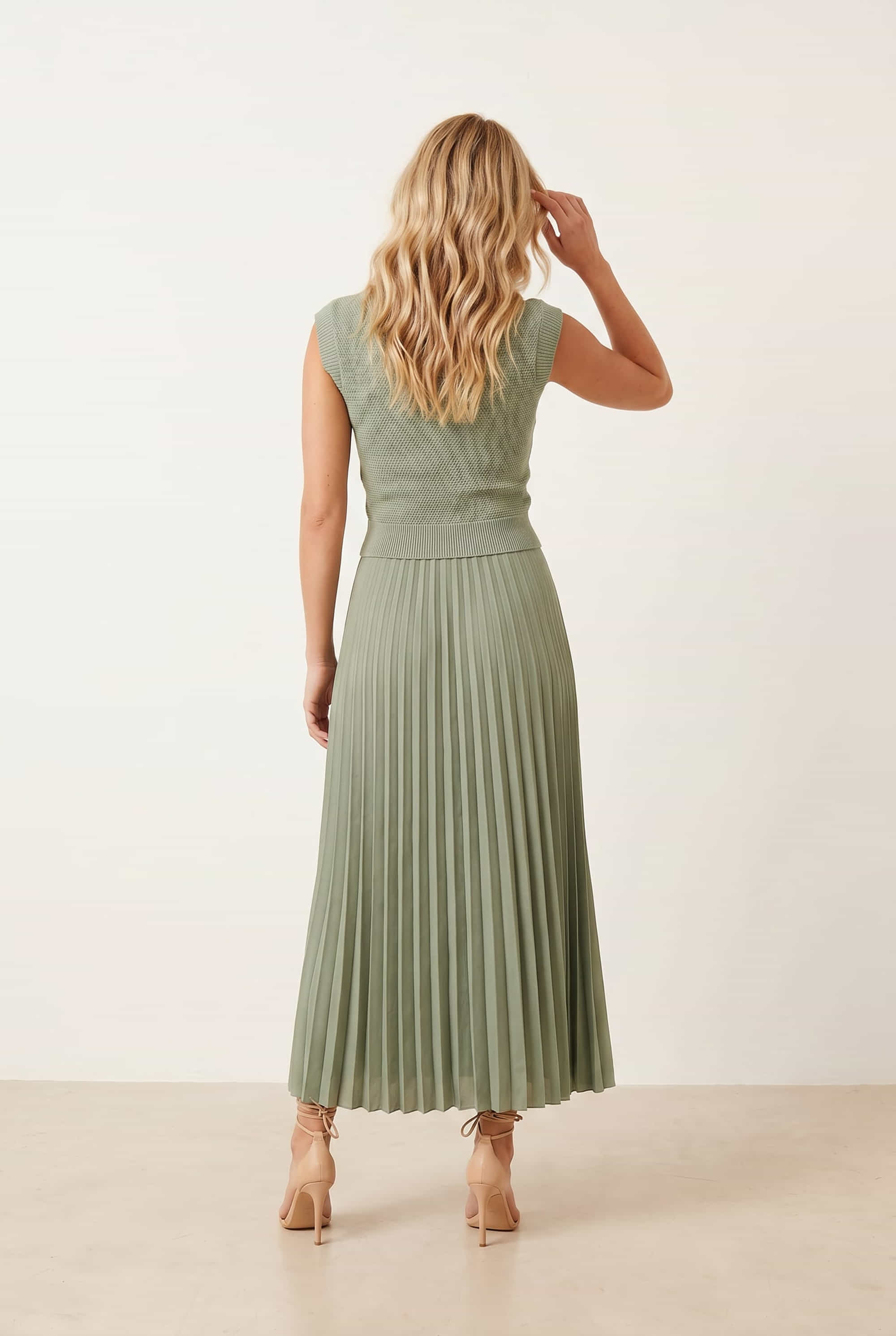 Sage Knit Pleated Skirt Dress