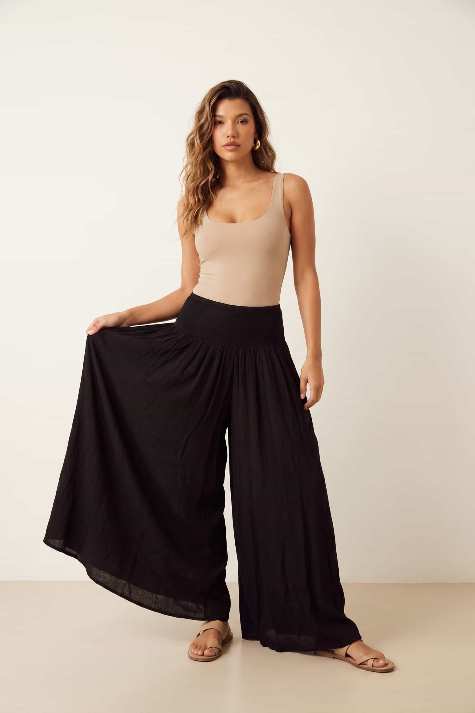 Black Shirred Plain Trouser